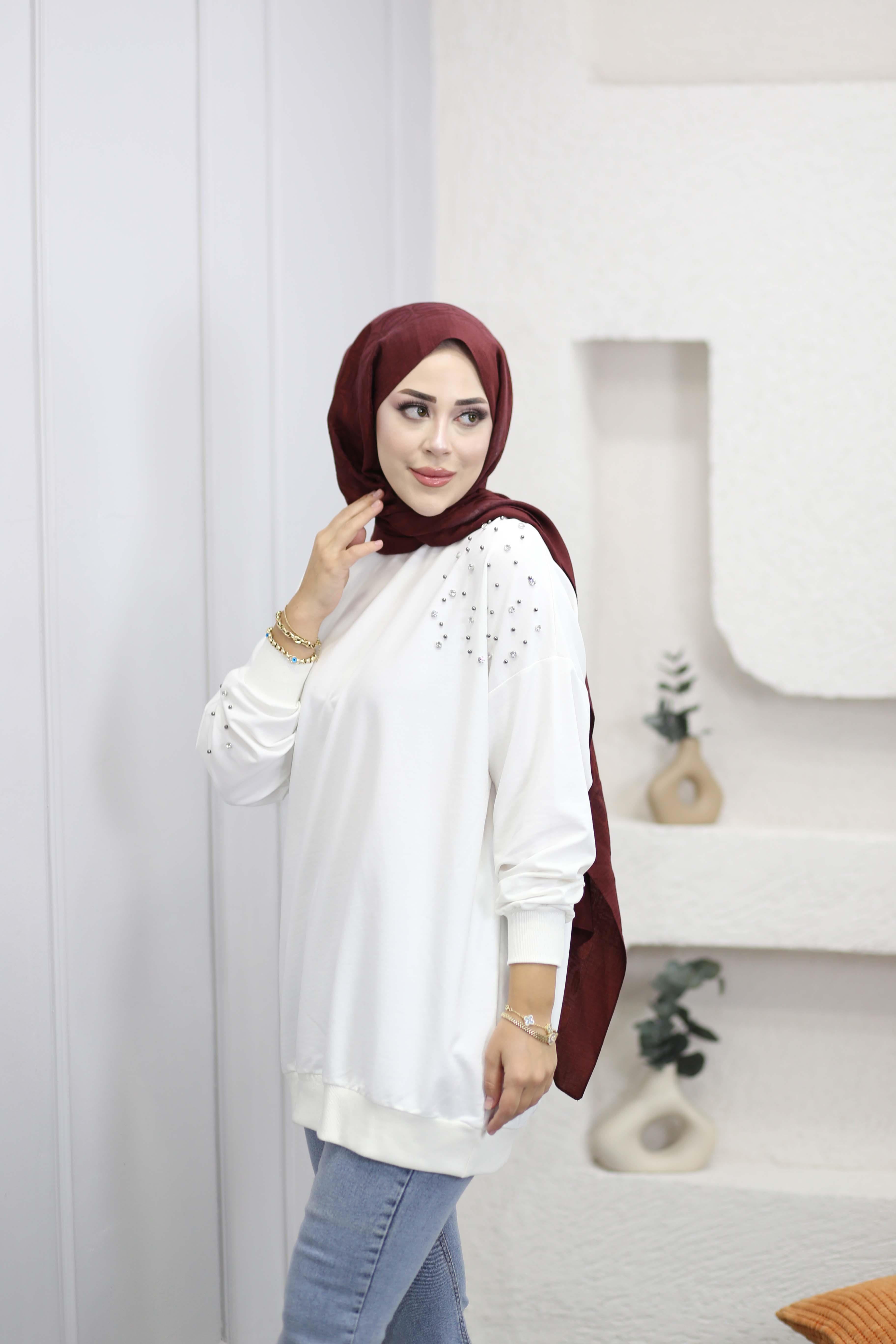 Taş Ve İnci Detaylı Sweat Beyaz 2408