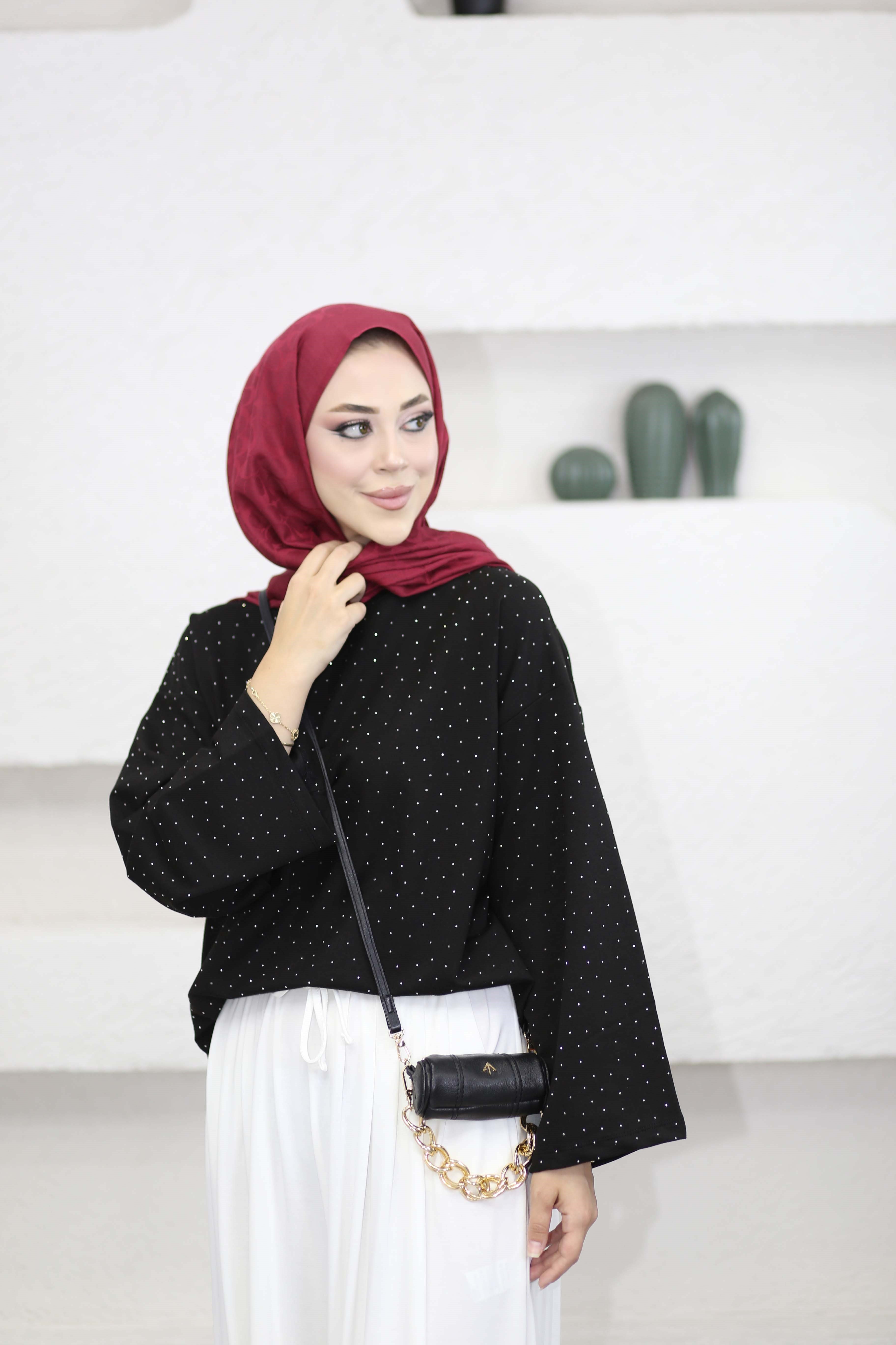 Taşlı Kısa Sweat Siyah 3256