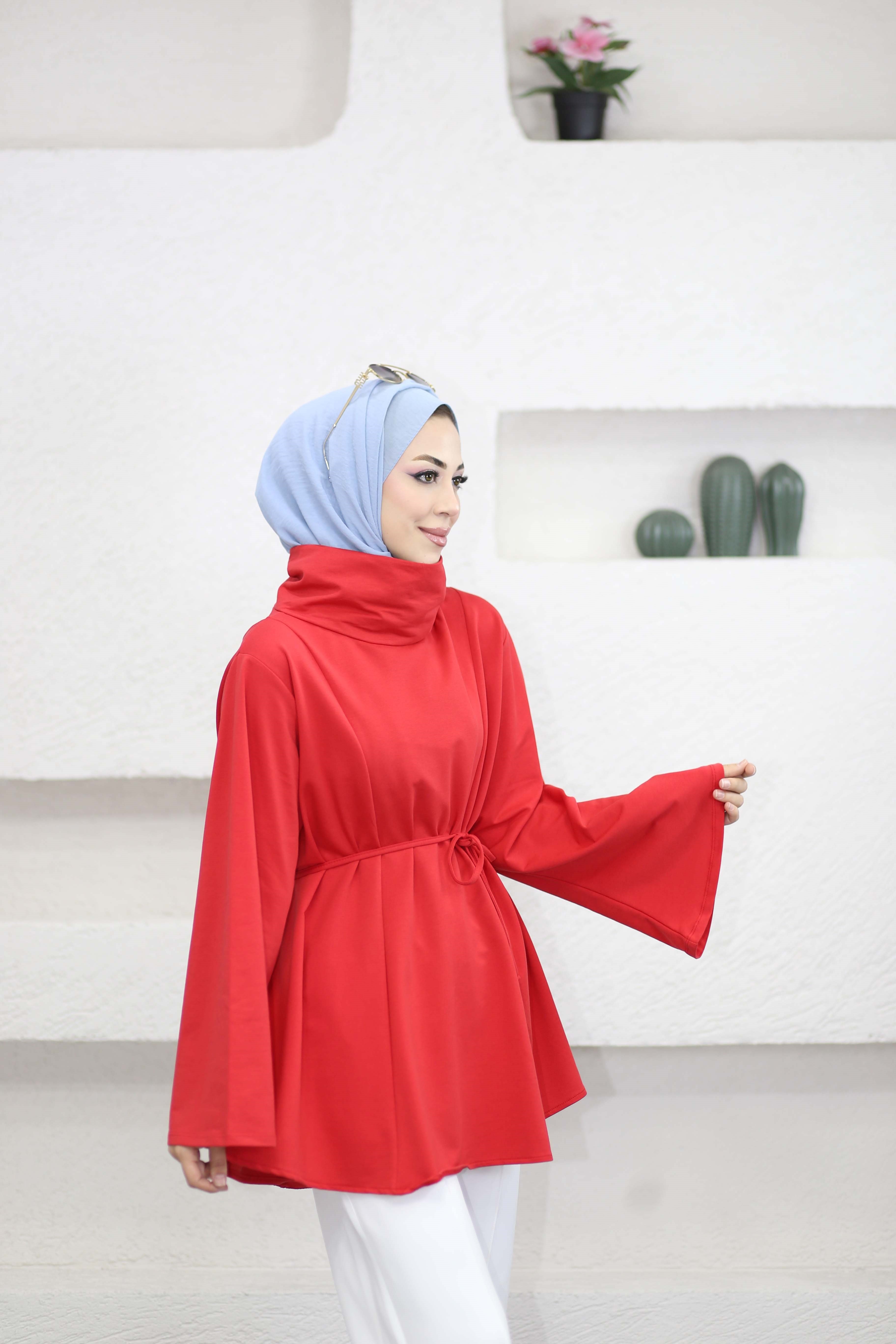 Bel Bağlamalı Dik Yaka Tunik Kırmızı 3540