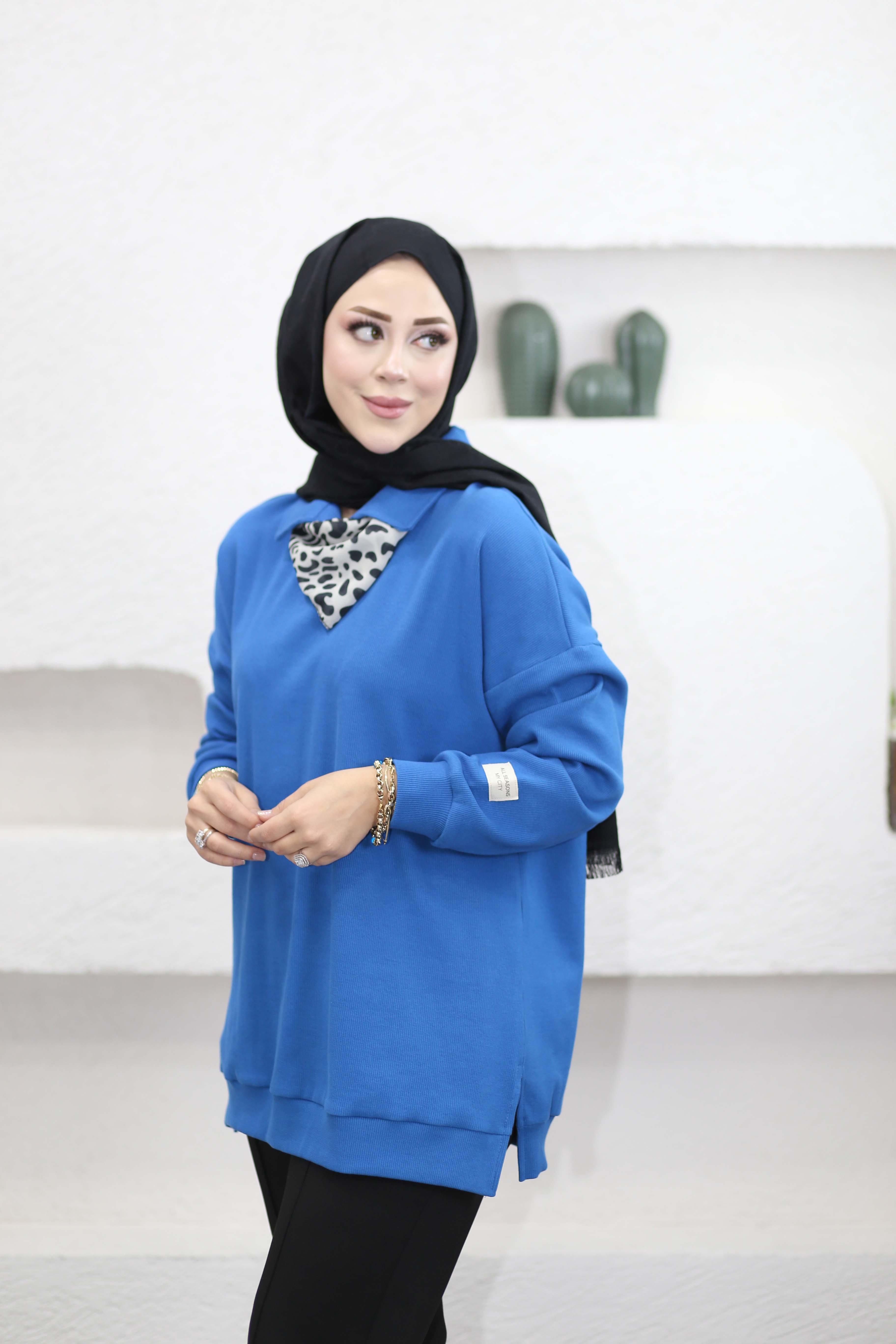 Leopar Fularlı Sweat Mavi 6110