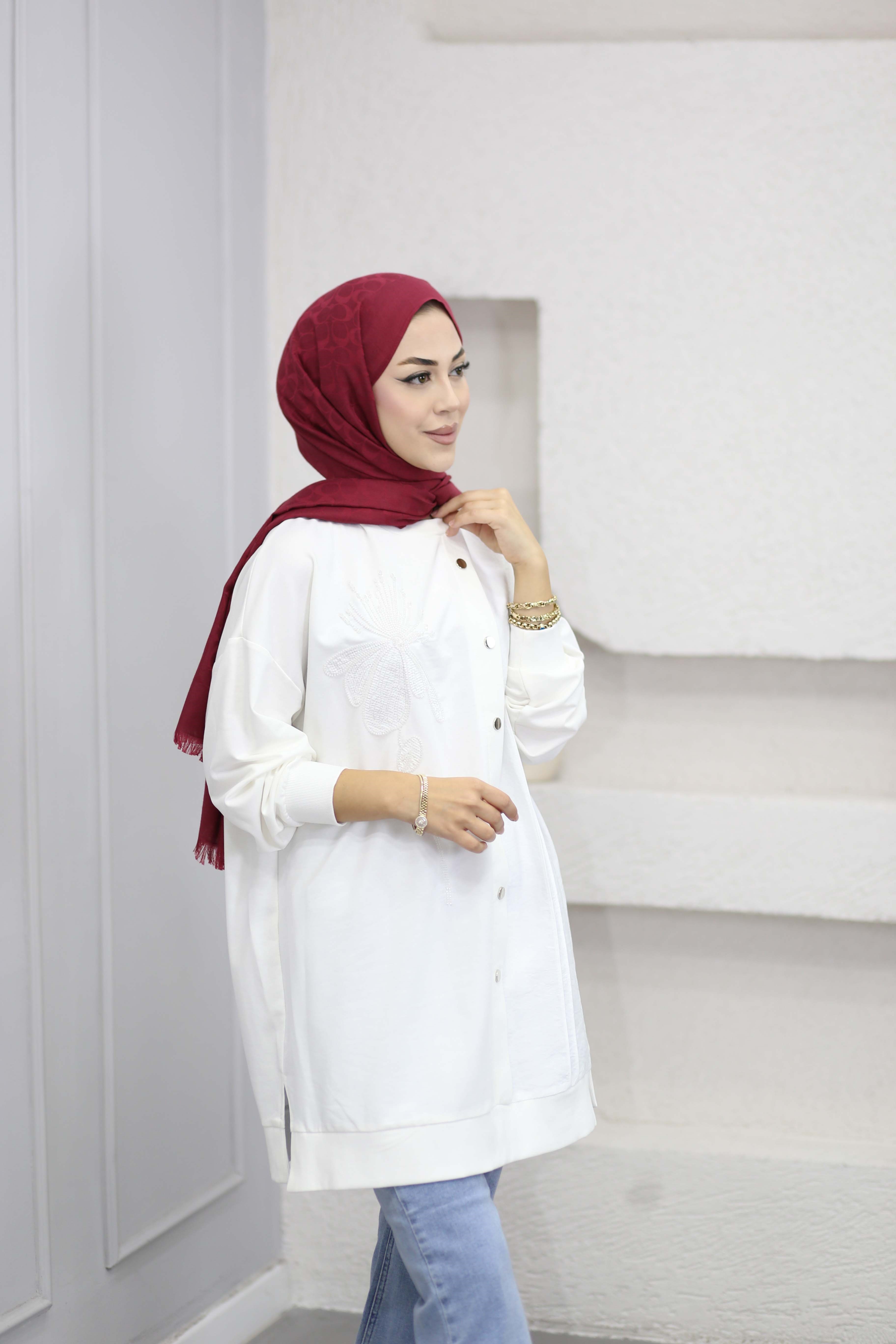 Boncuk İşleme Detaylı Sweat Beyaz 10810