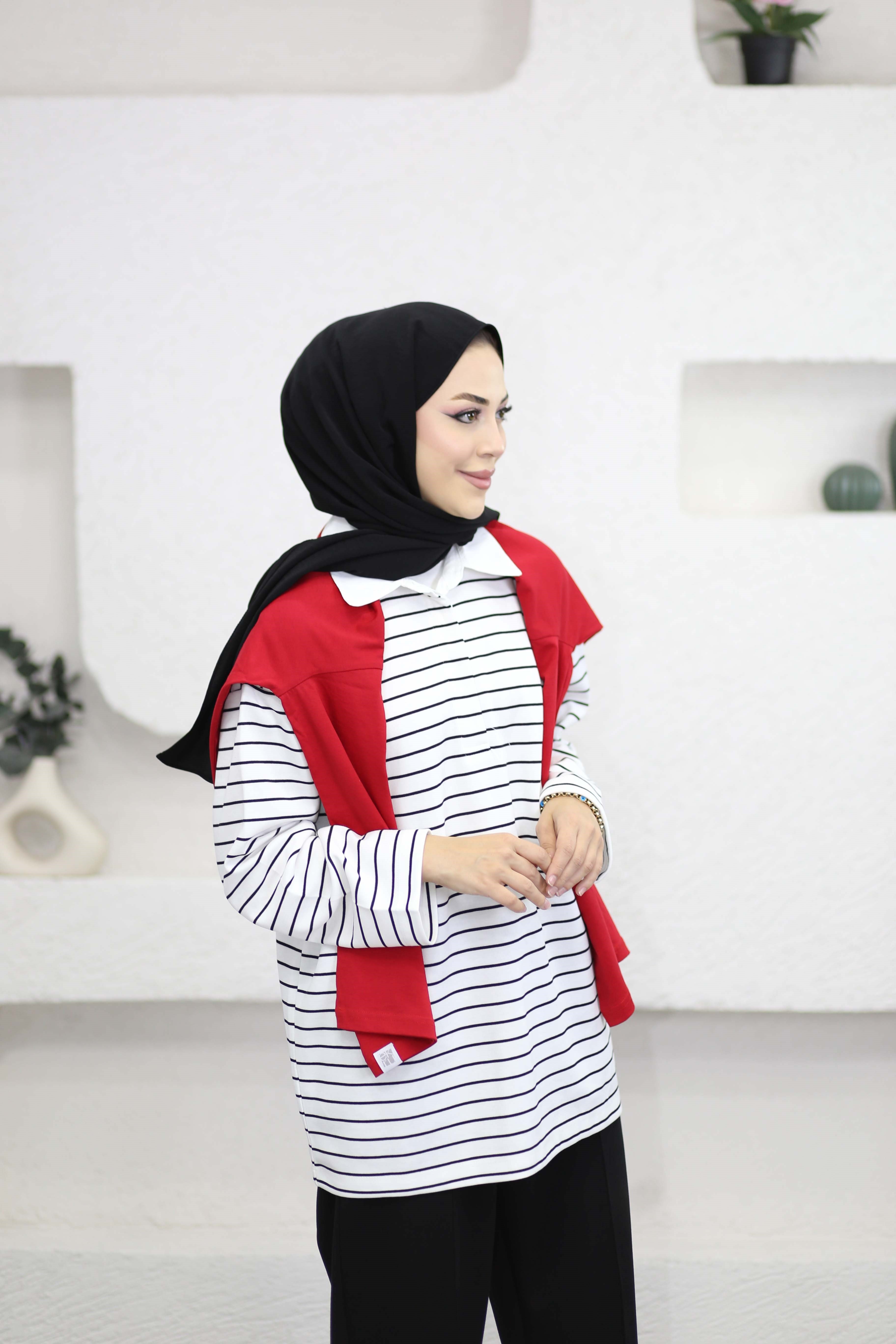 Gizli Patlı Çizgili Sweat Beyaz 3587