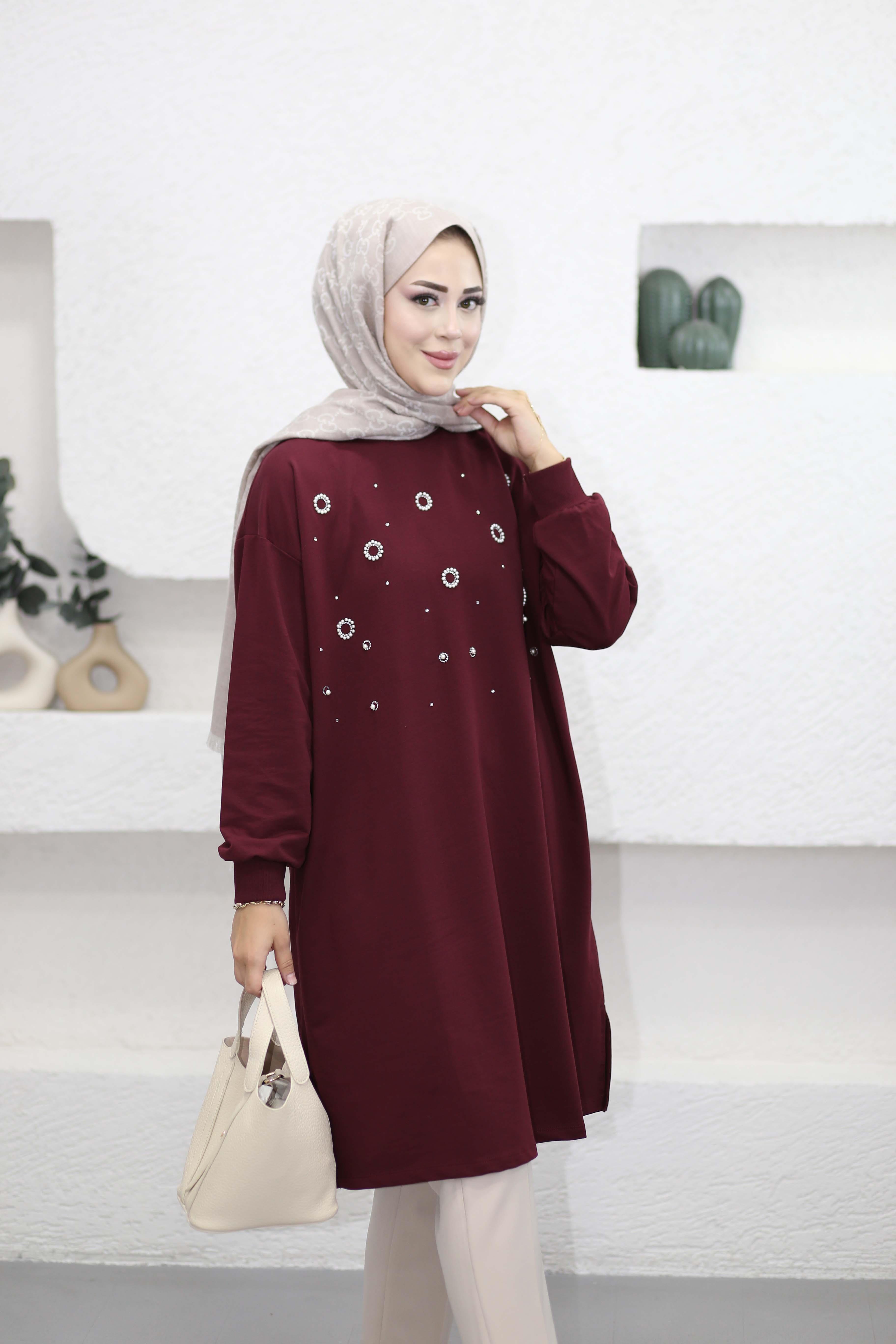 Taş Ve İnci Detaylı Sweat Bordo 3138
