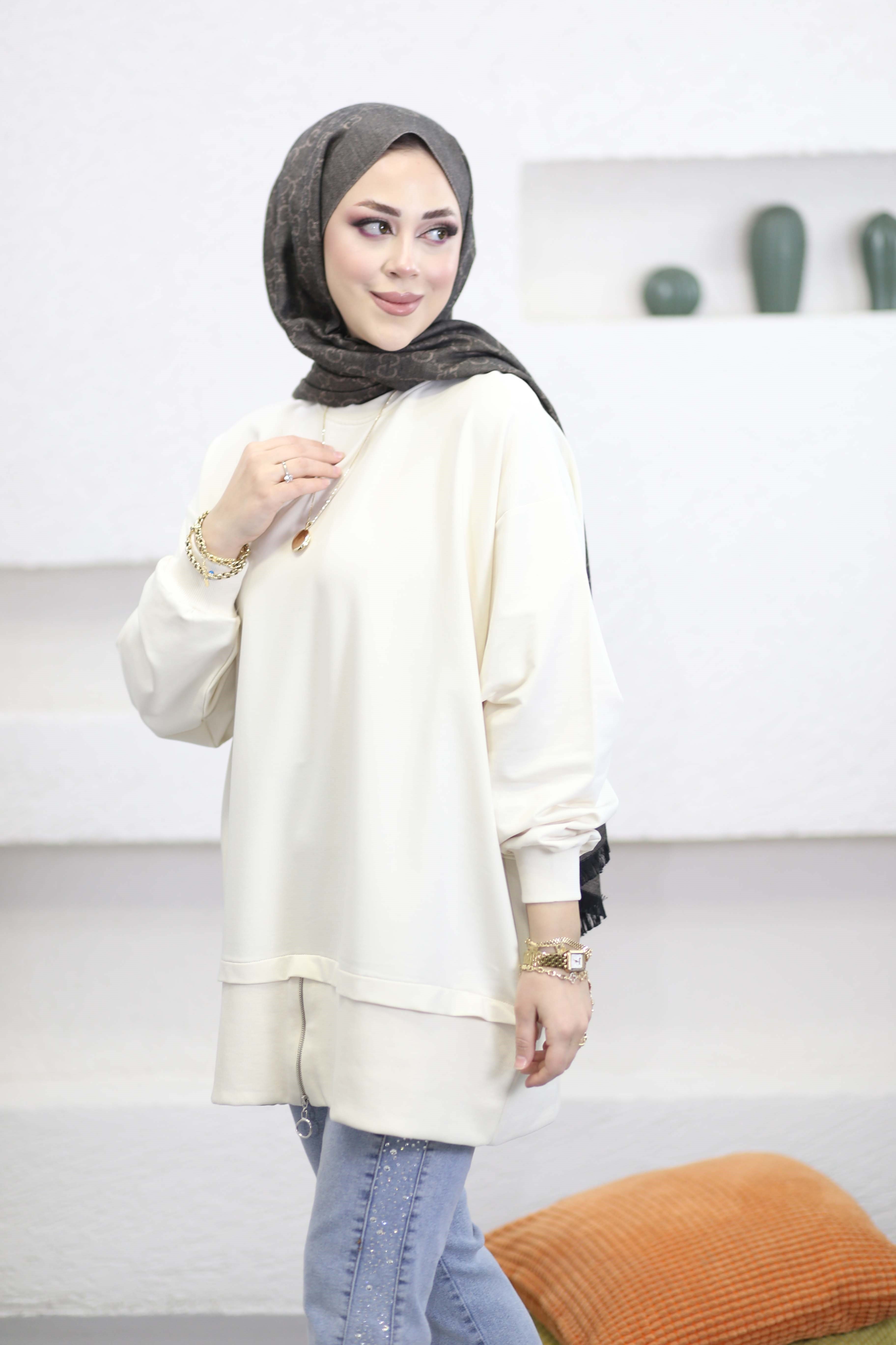 Eteği Fermuarlı Basıc Sweat Krem 6284