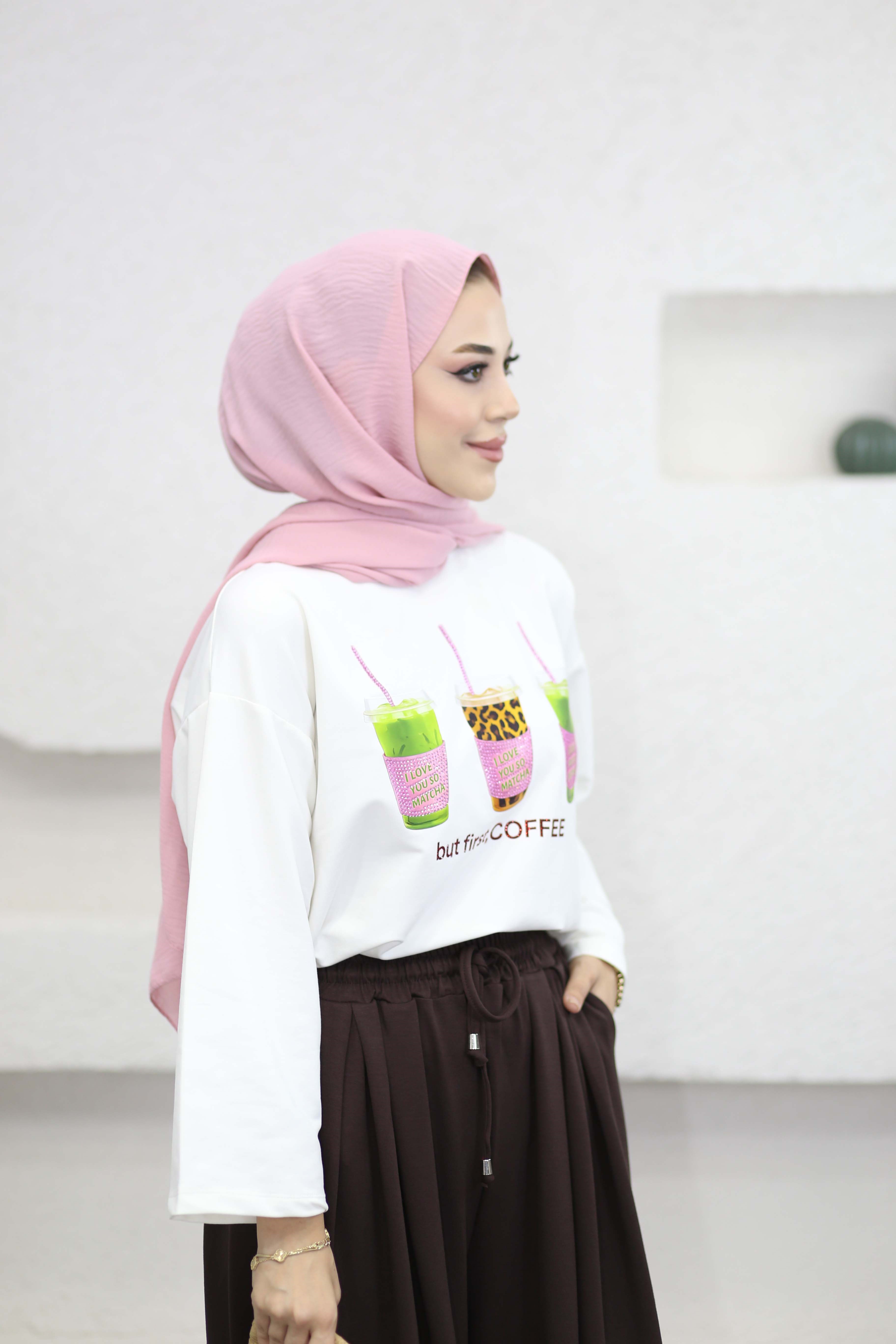 Oversize Baskılı Tişört Pembe 2792