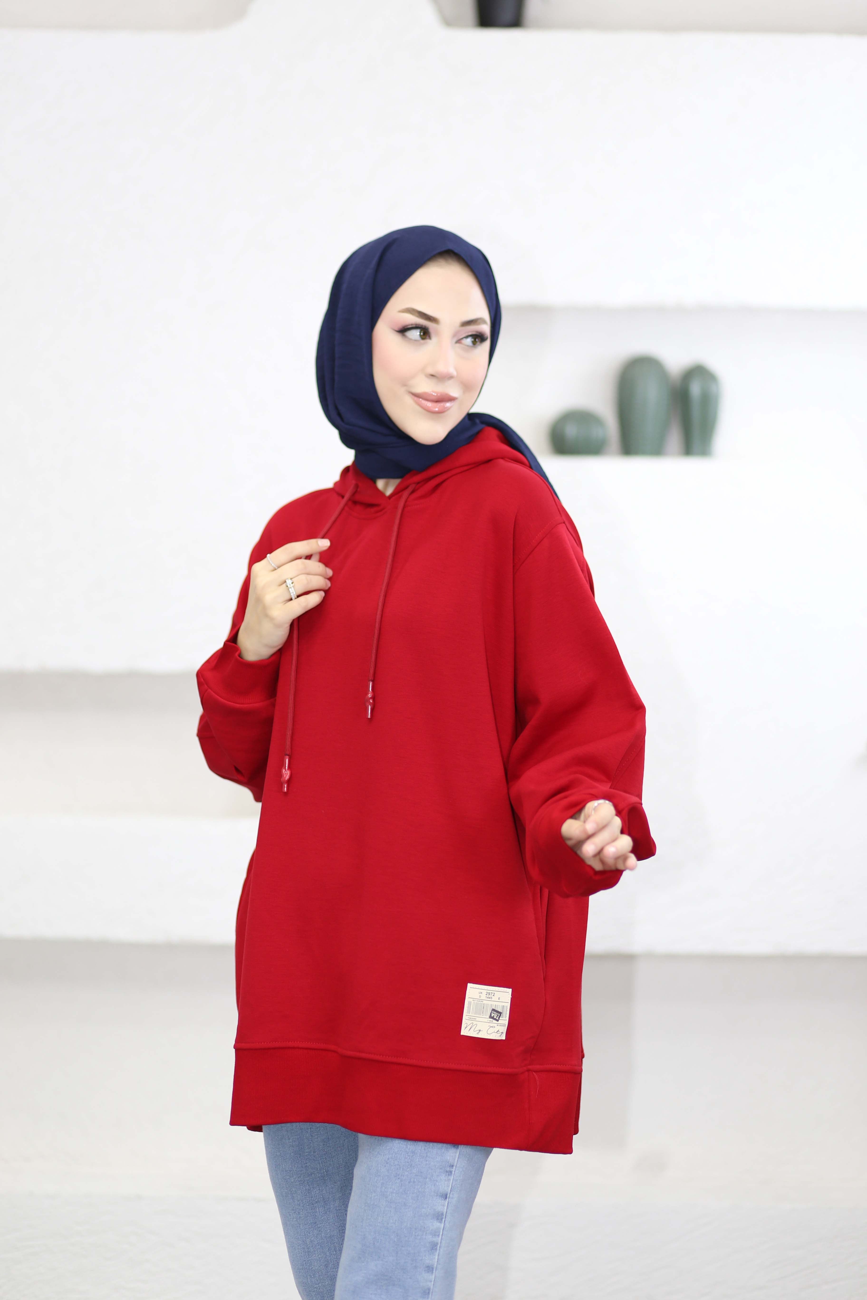 Baskılı Kapşonlu Sweat Kırmızı 6778