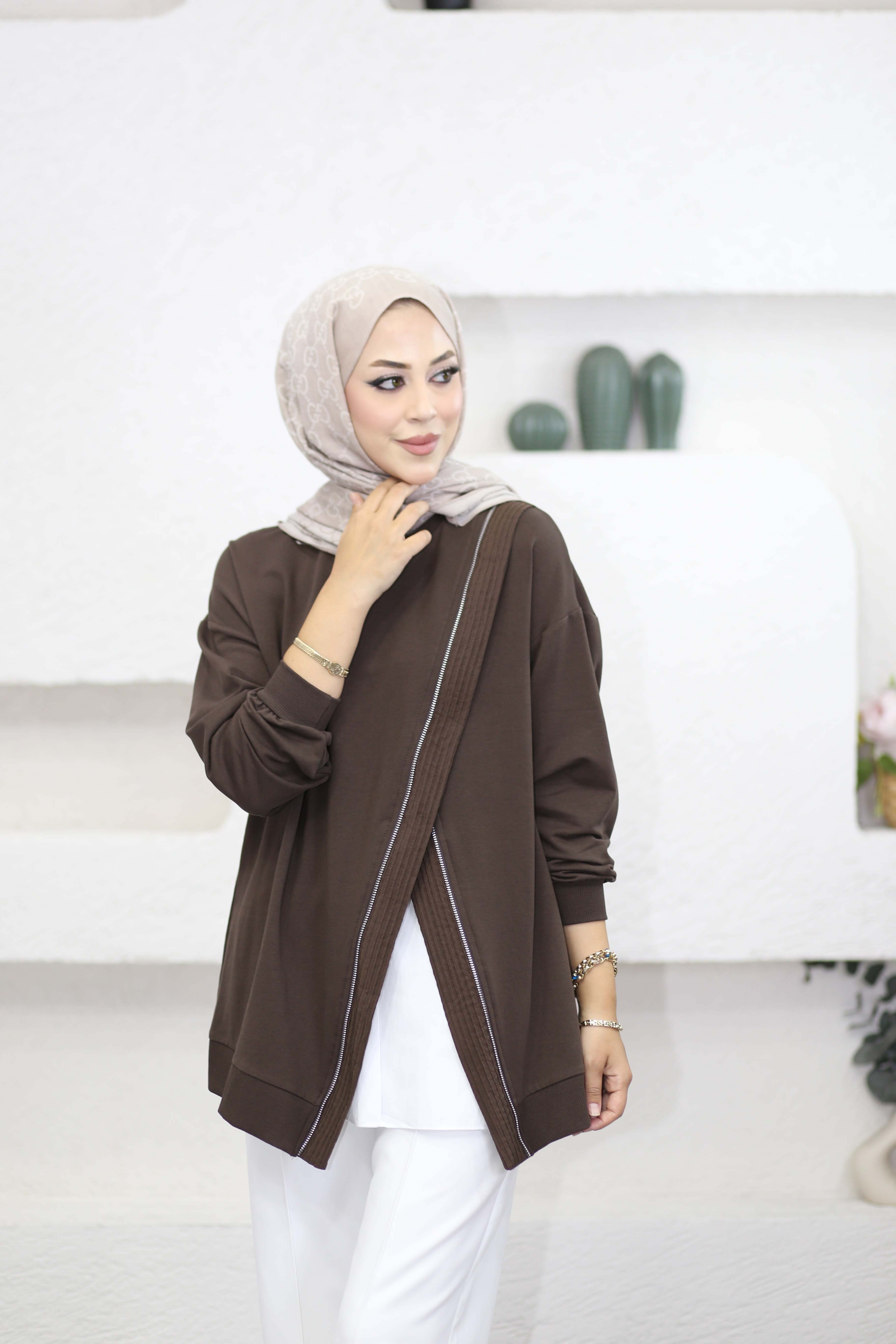 Çapraz Fermuarlı Sweat Kahverengi 10771