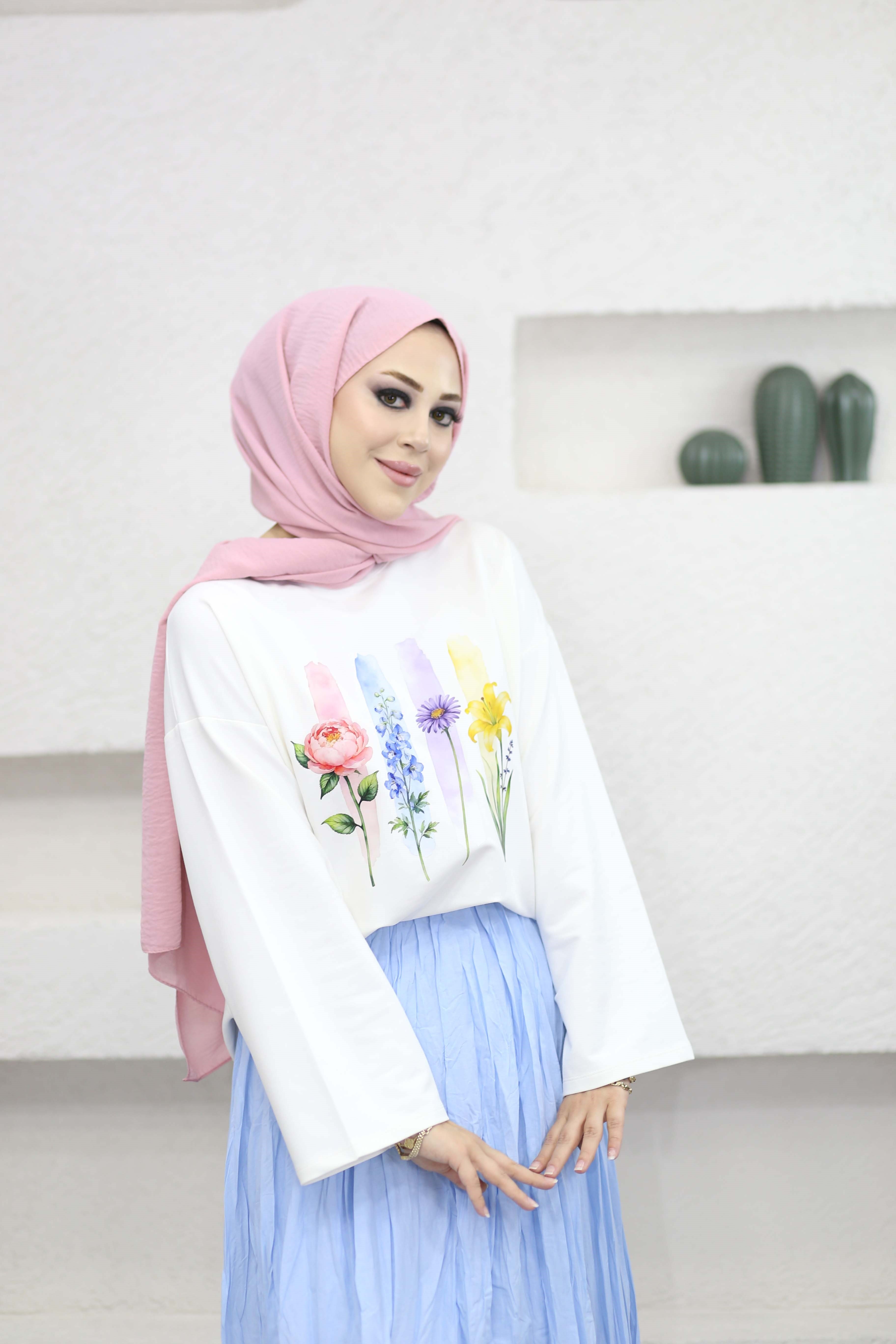 Oversize Baskılı Tişört Lila 2792