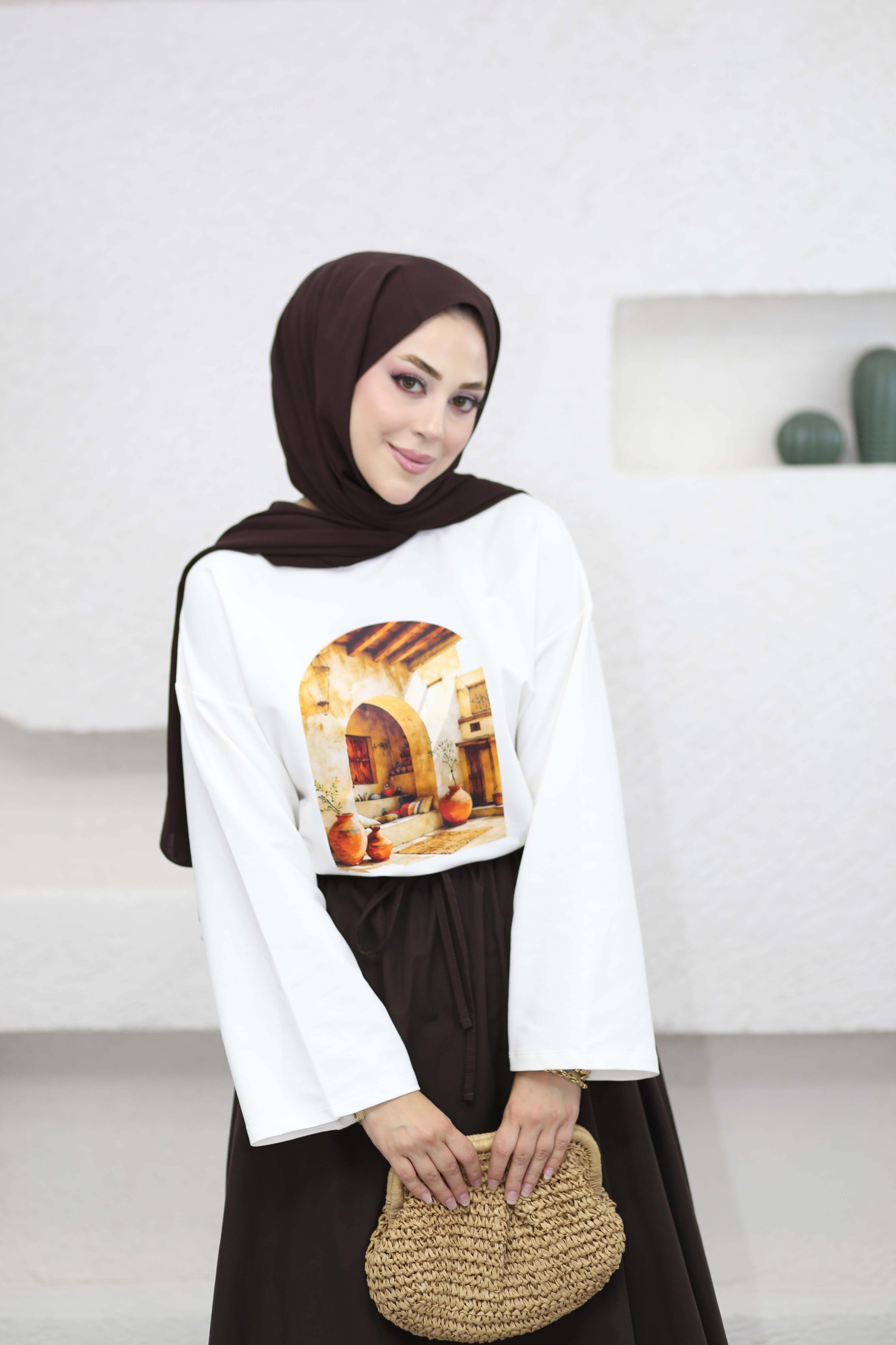 Oversize Baskılı Tişört Kiremit 2792