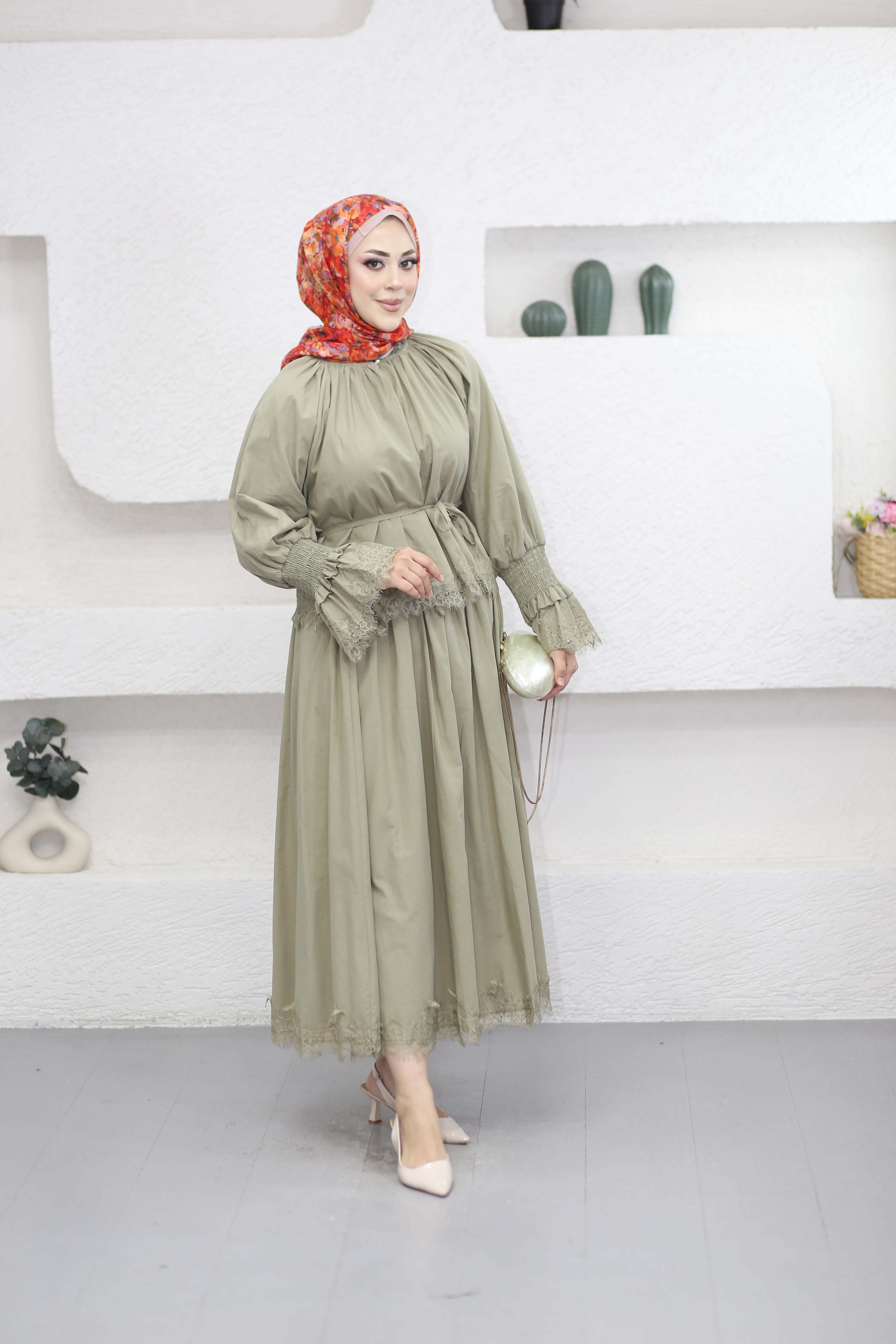 Dantelli Vual Etekli Takım Haki 8596