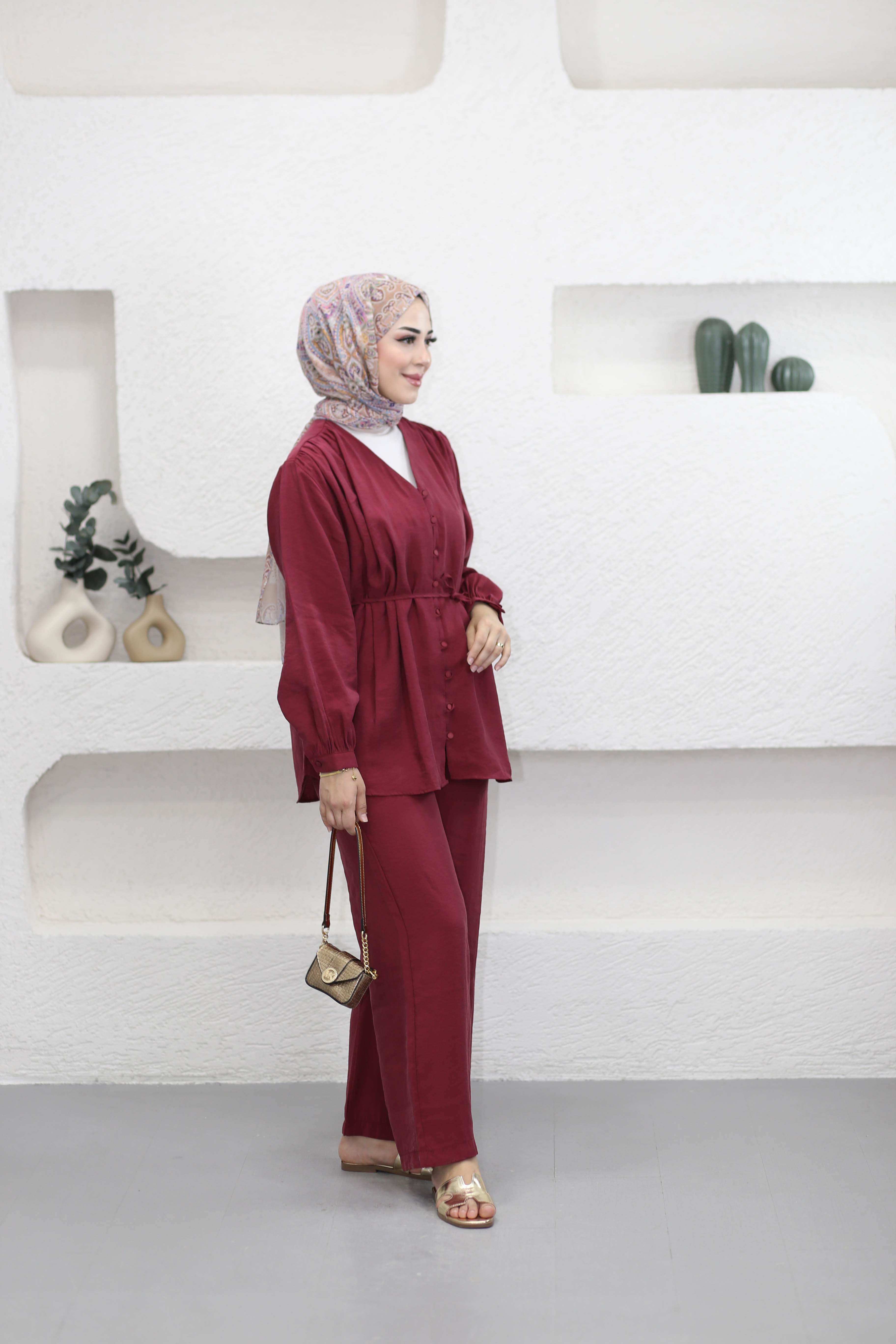 Birirt Düğmeli Modal Takım Bordo 25192