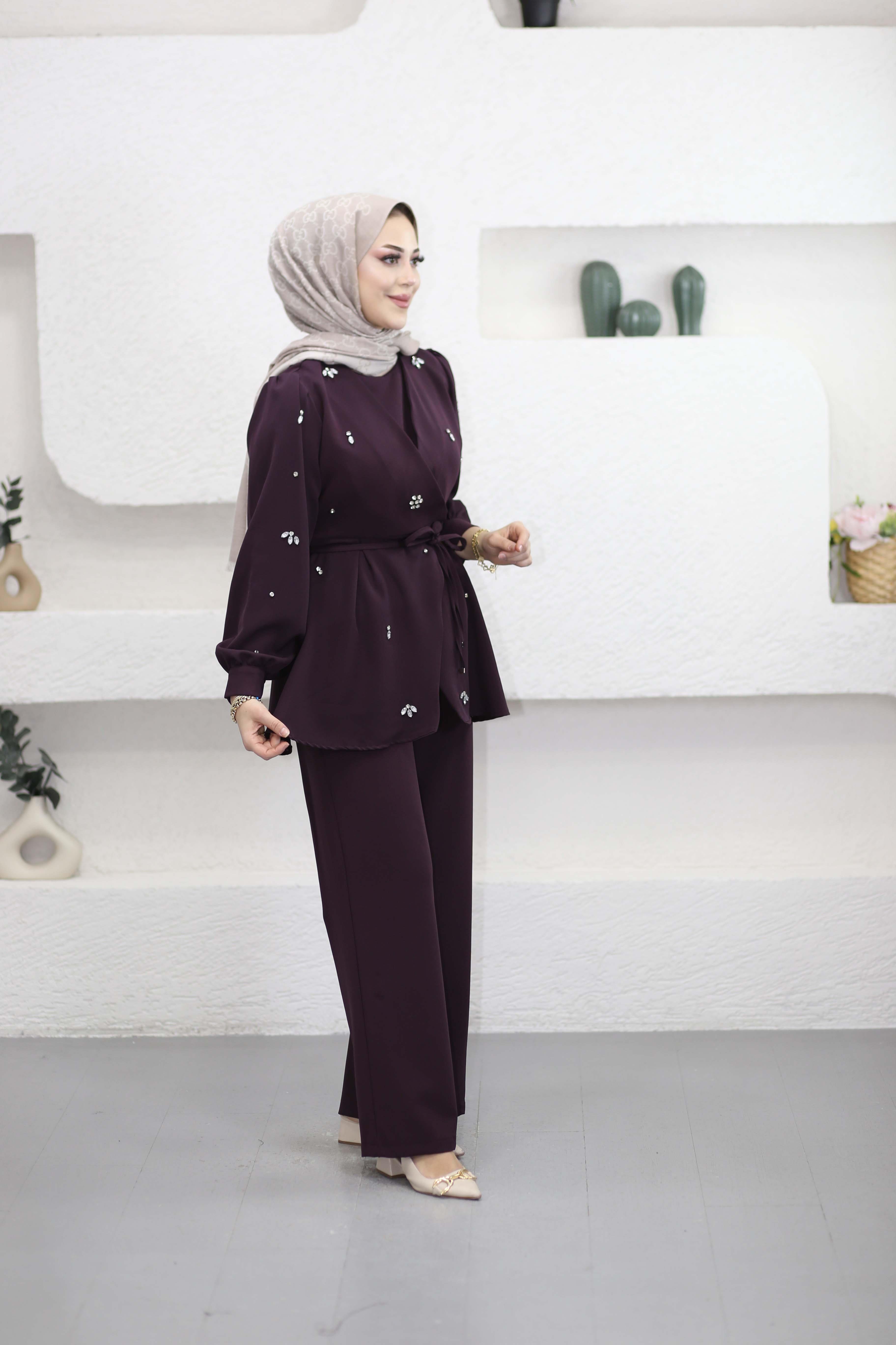 Kruvaze Taşlı Double Takım Mürdüm 8160