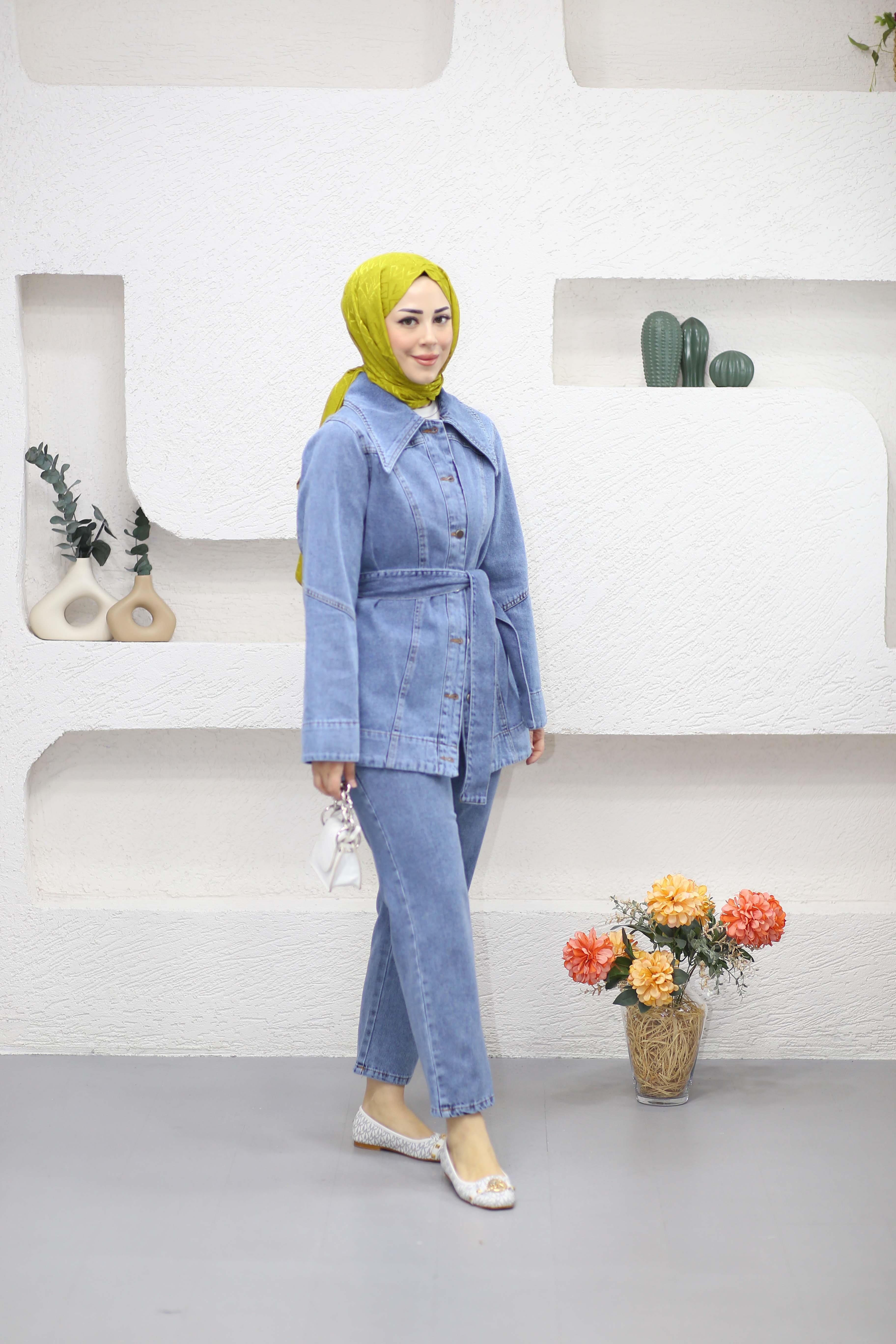 Düğmeli Denim Takım Açık Mavi 9010