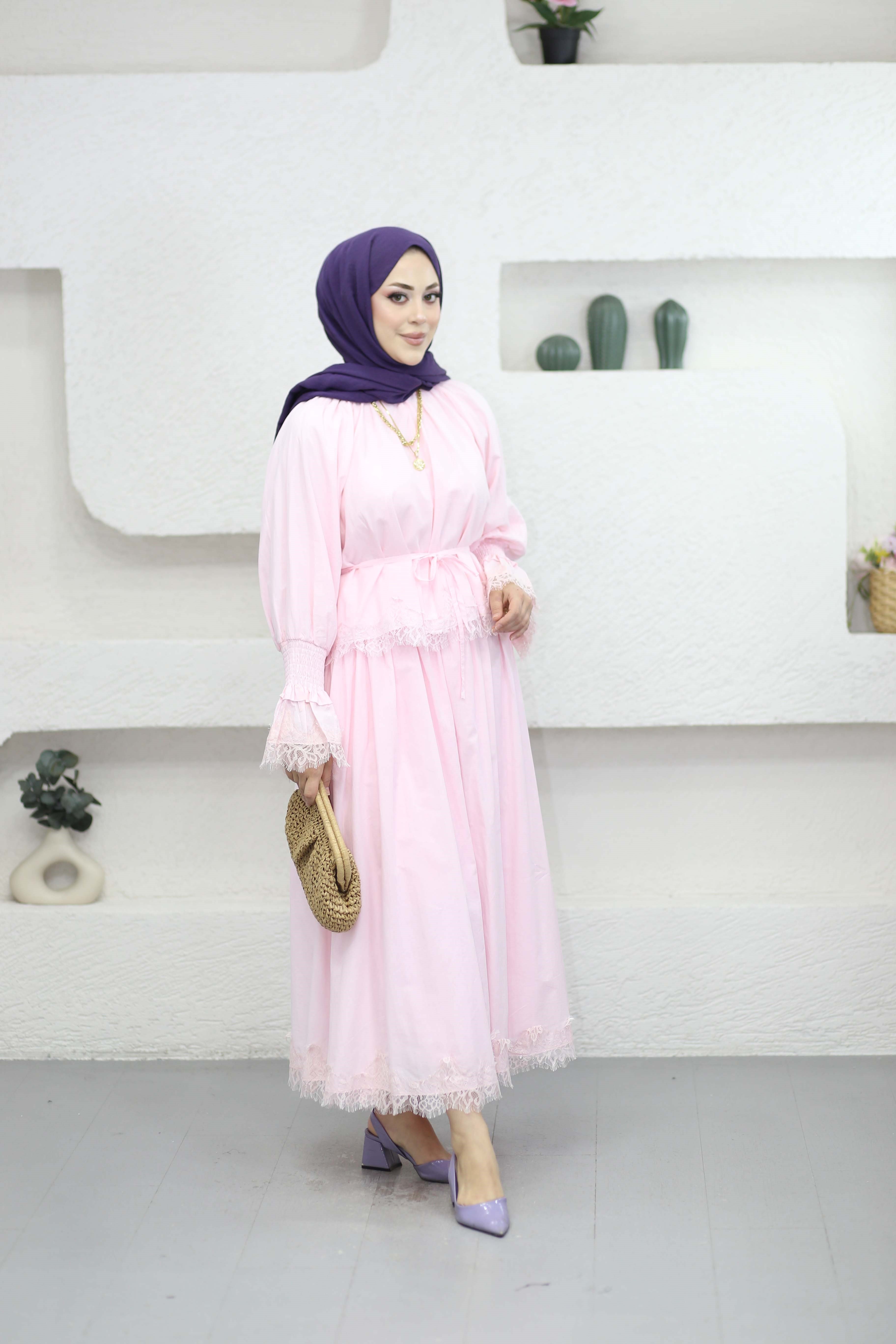 Dantelli Vual Etekli Takım Pembe 8596