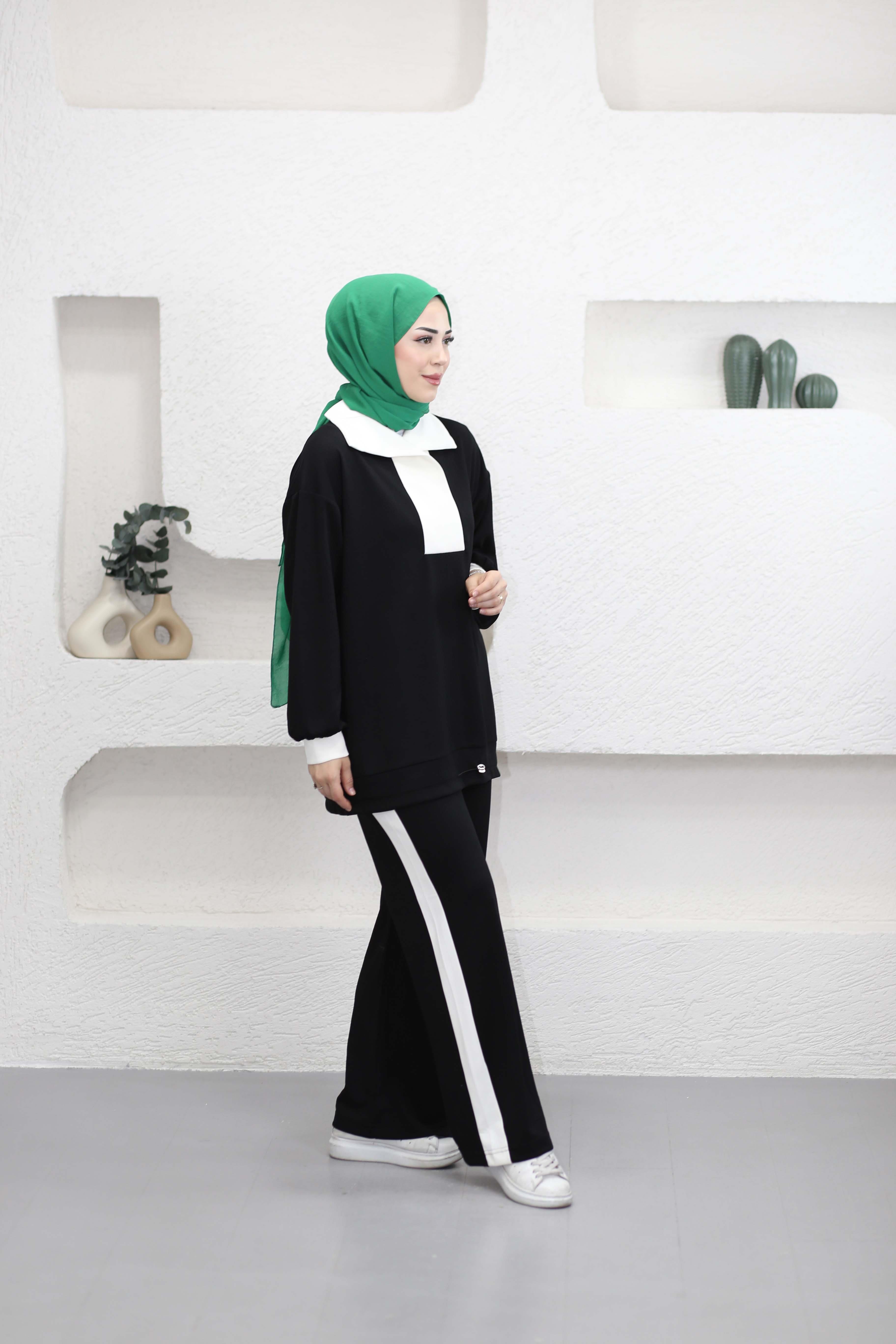Yakalı Şeritli Takım Siyah 5596