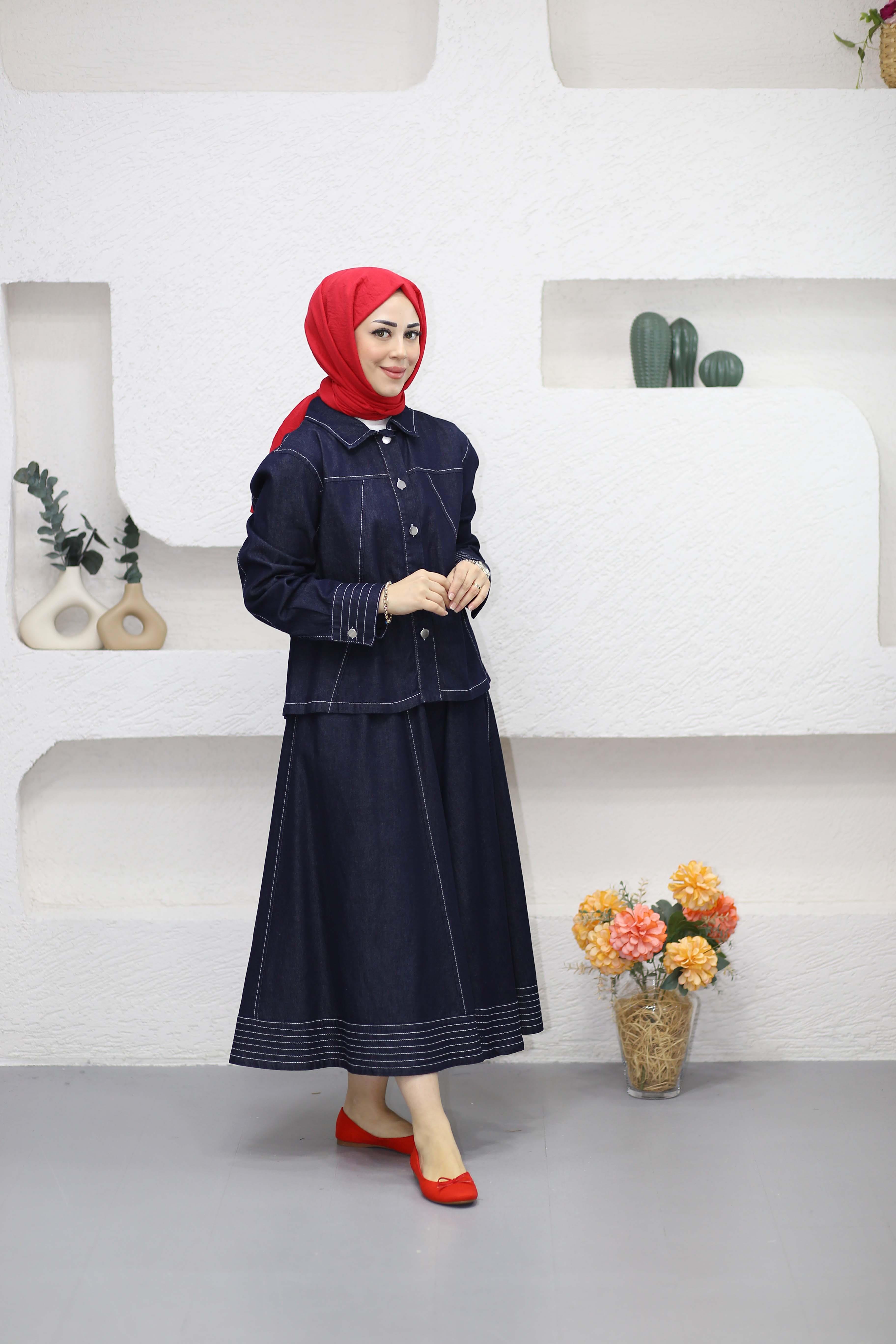 Dikiş Detaylı Denim Takım Koyu Mavi 7319