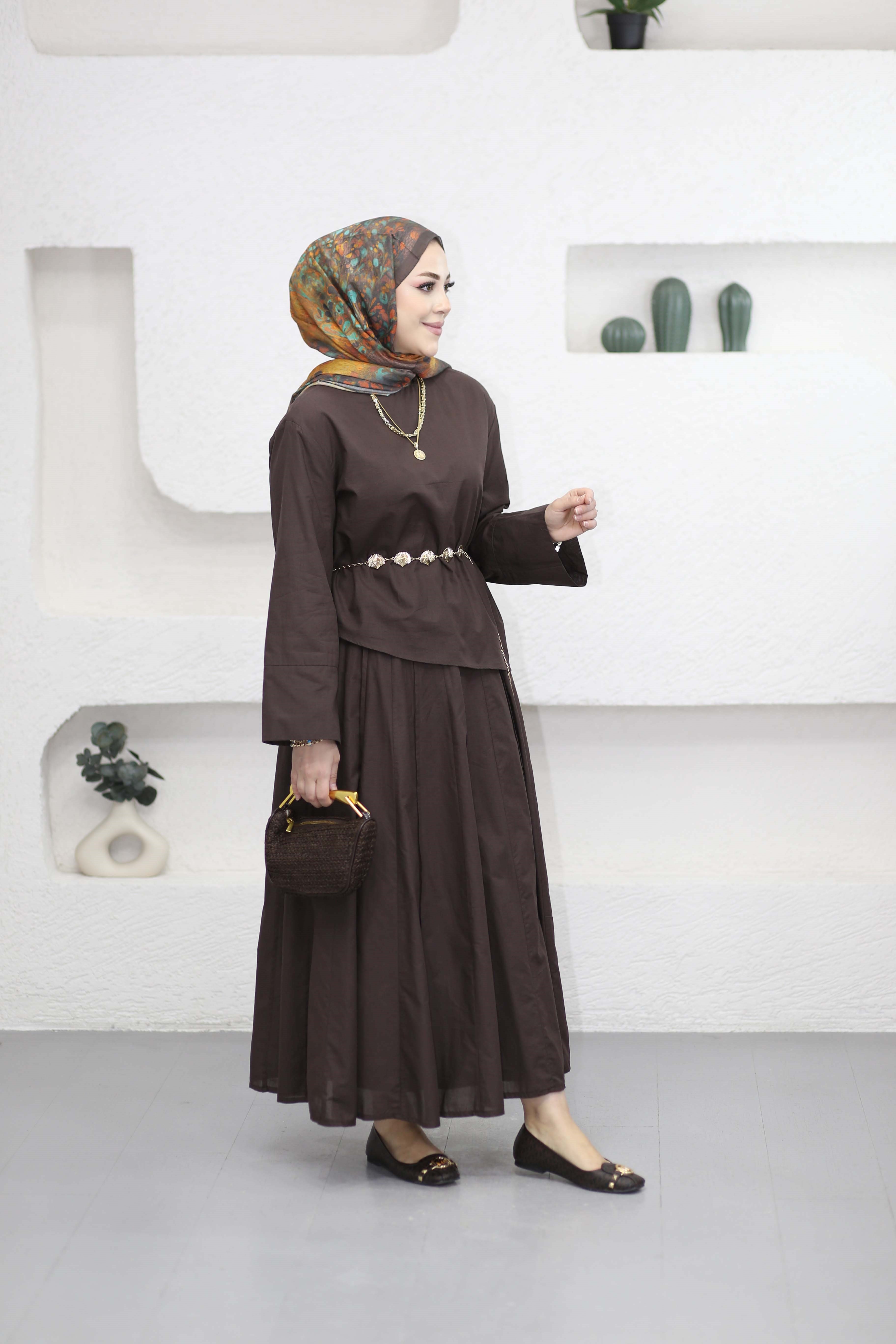 Asimetrik Kesim Takım Kahverengi 24402