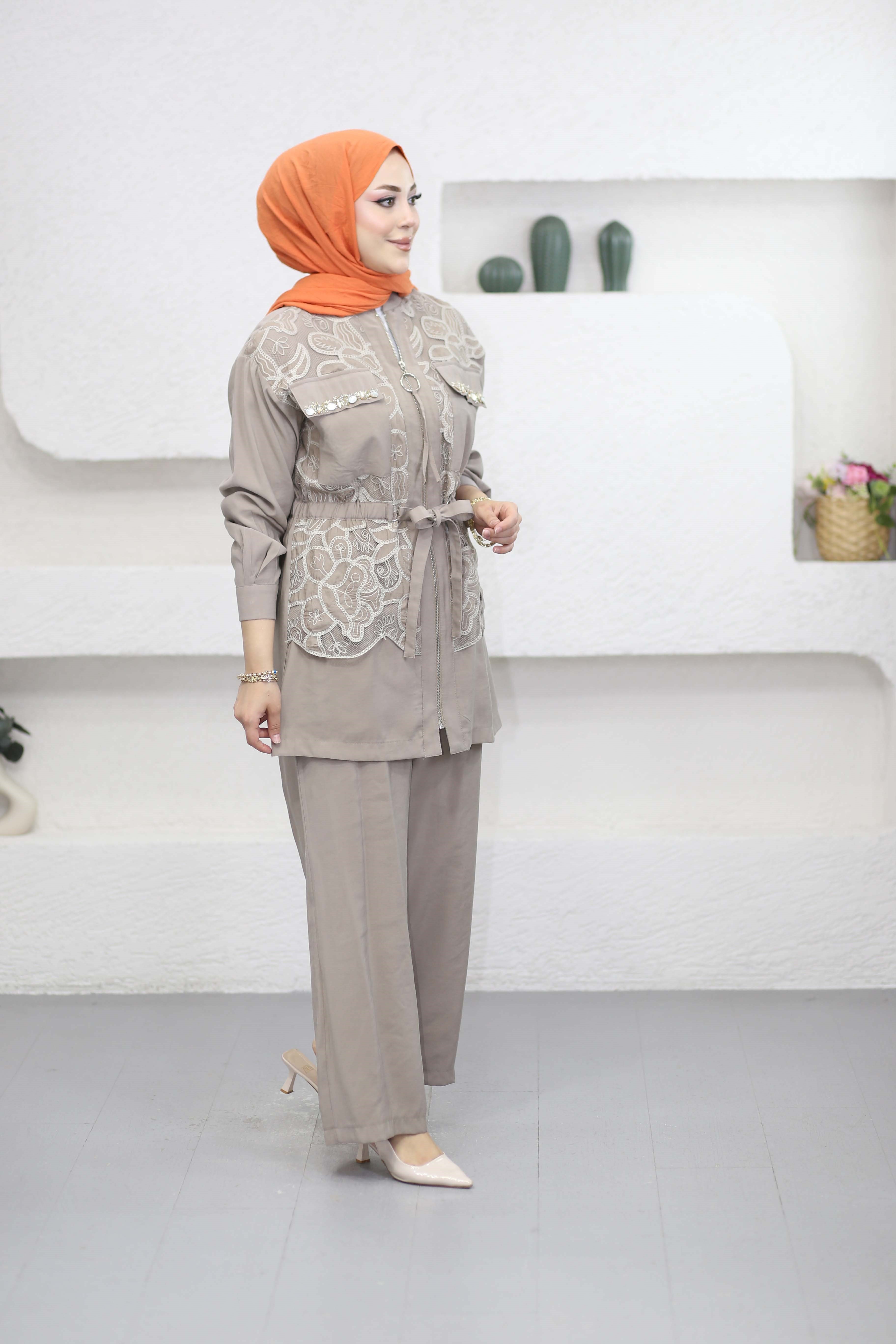 Güpür Detaylı Tencel Takım Vizon 1569