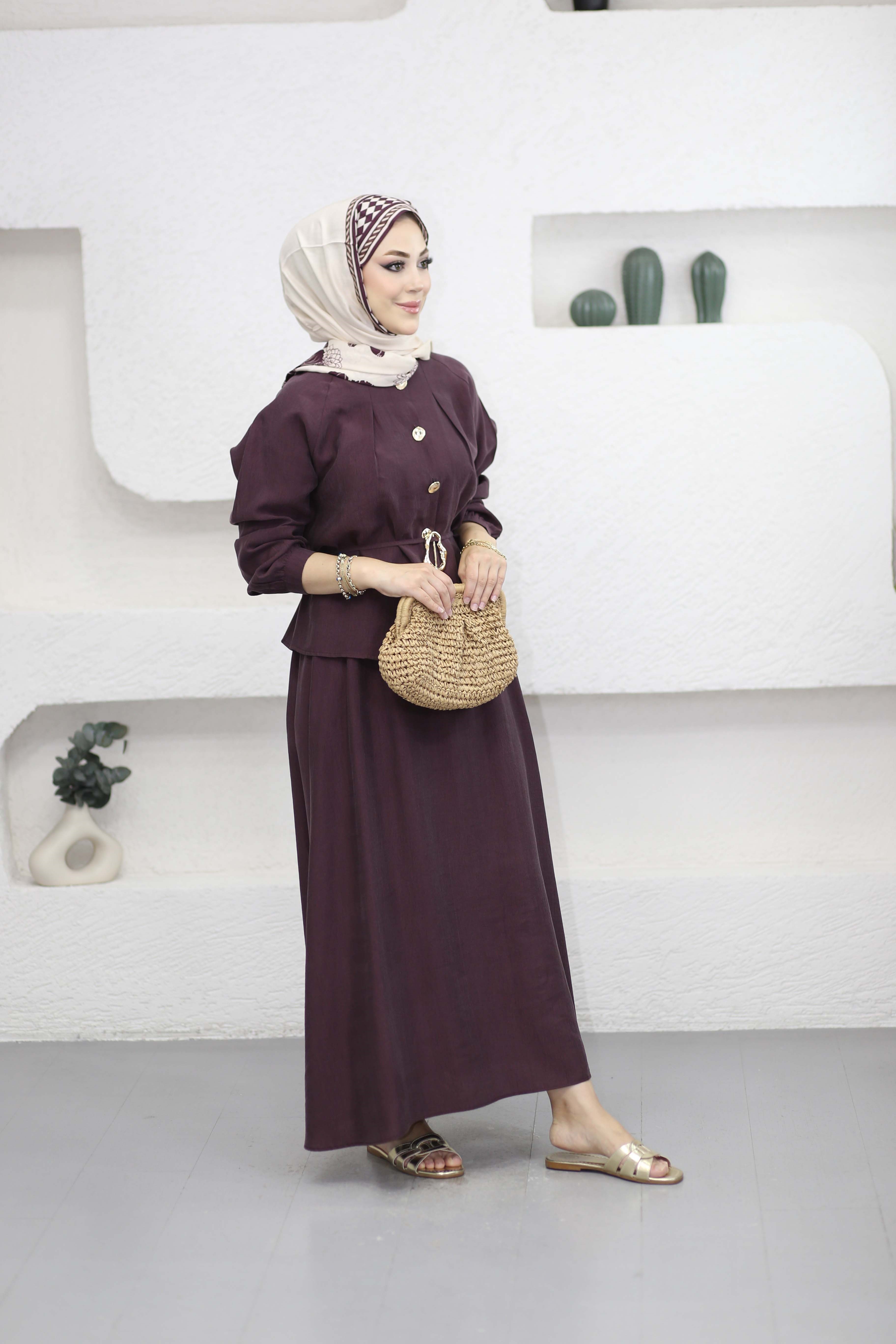 Gold Detaylı Narin Takım Bordo 7563