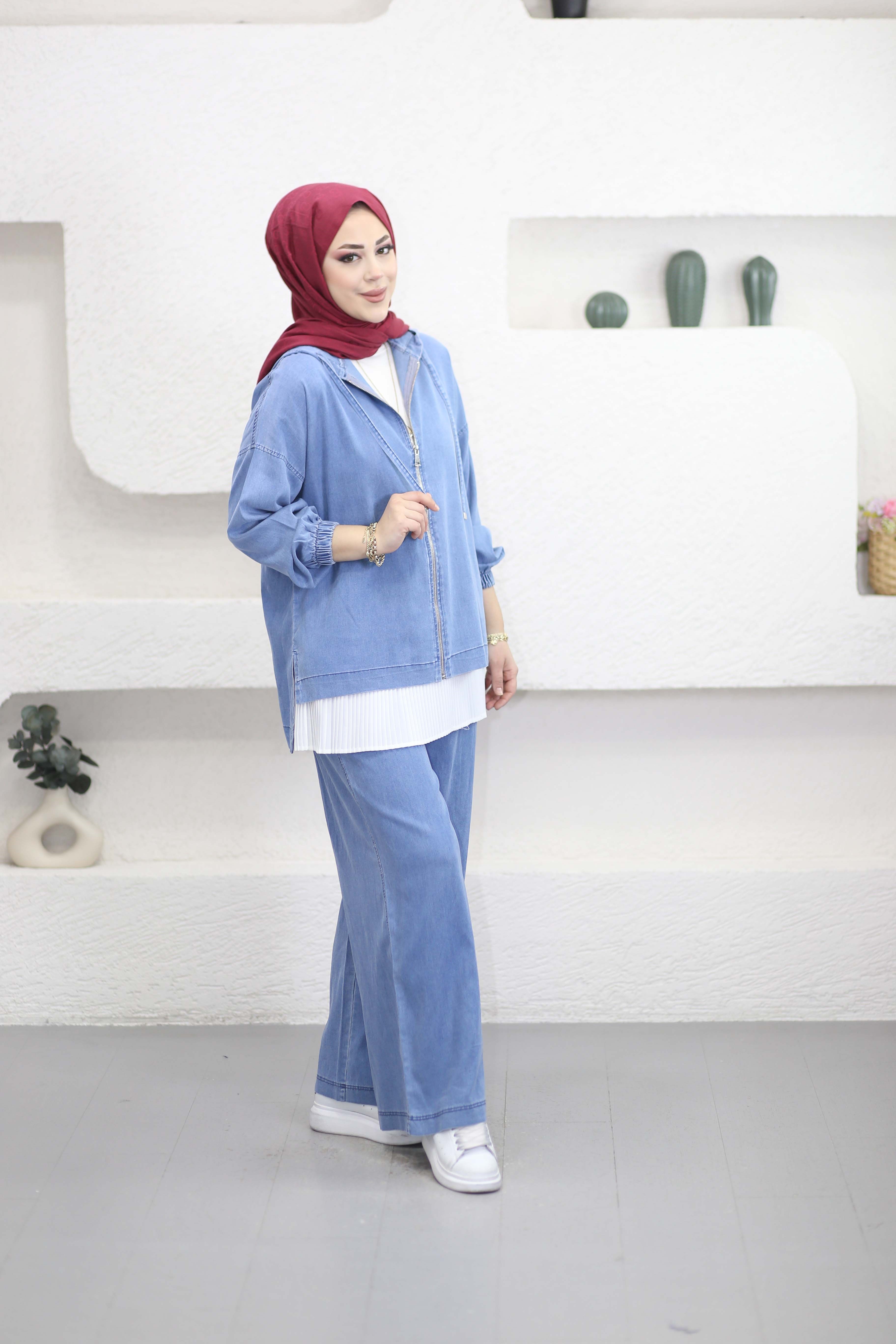 Fermuar Yaka Denim Takım Açık Mavi 5869
