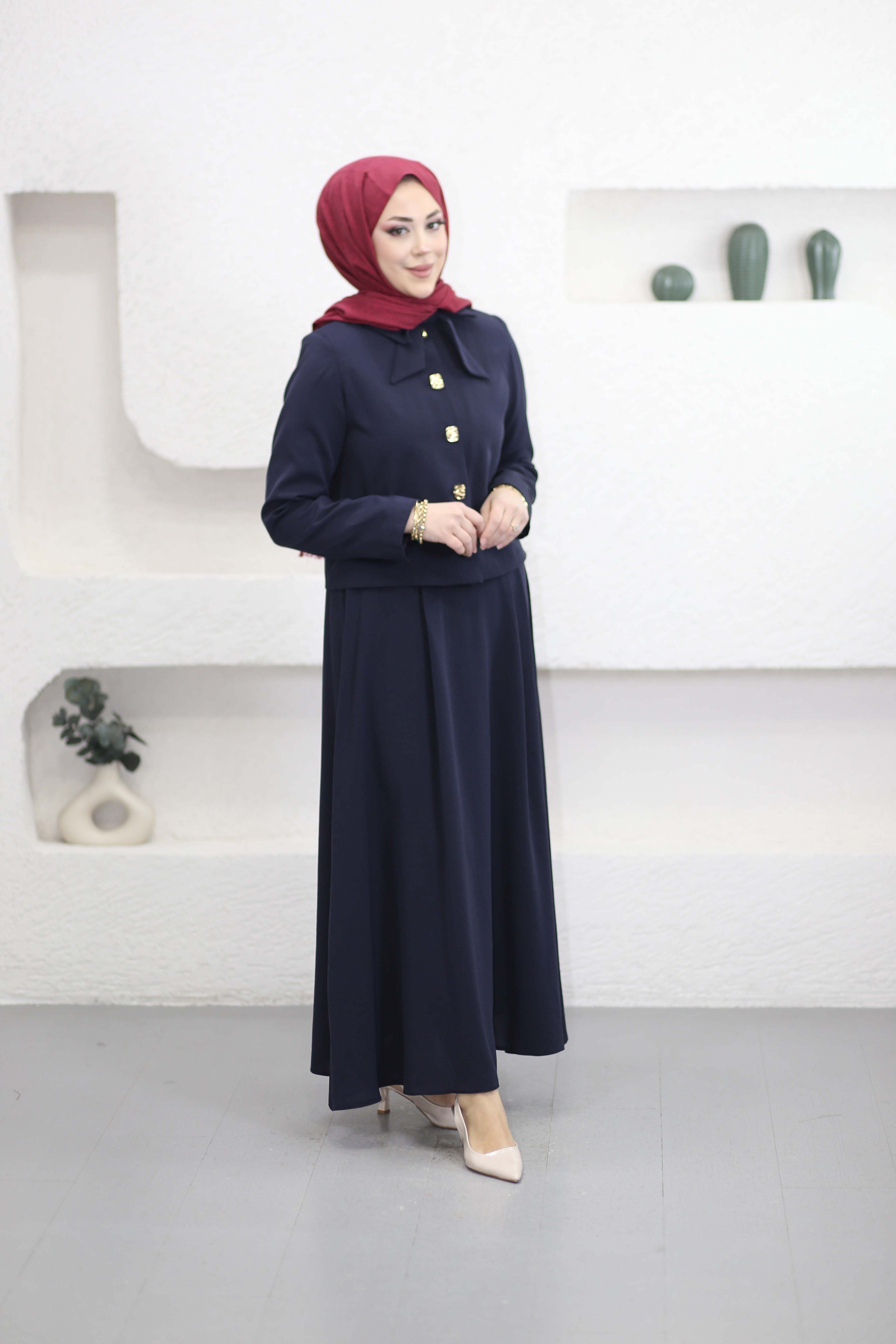 Fiyonklu Çift Yaka Takım Lacivert 41599