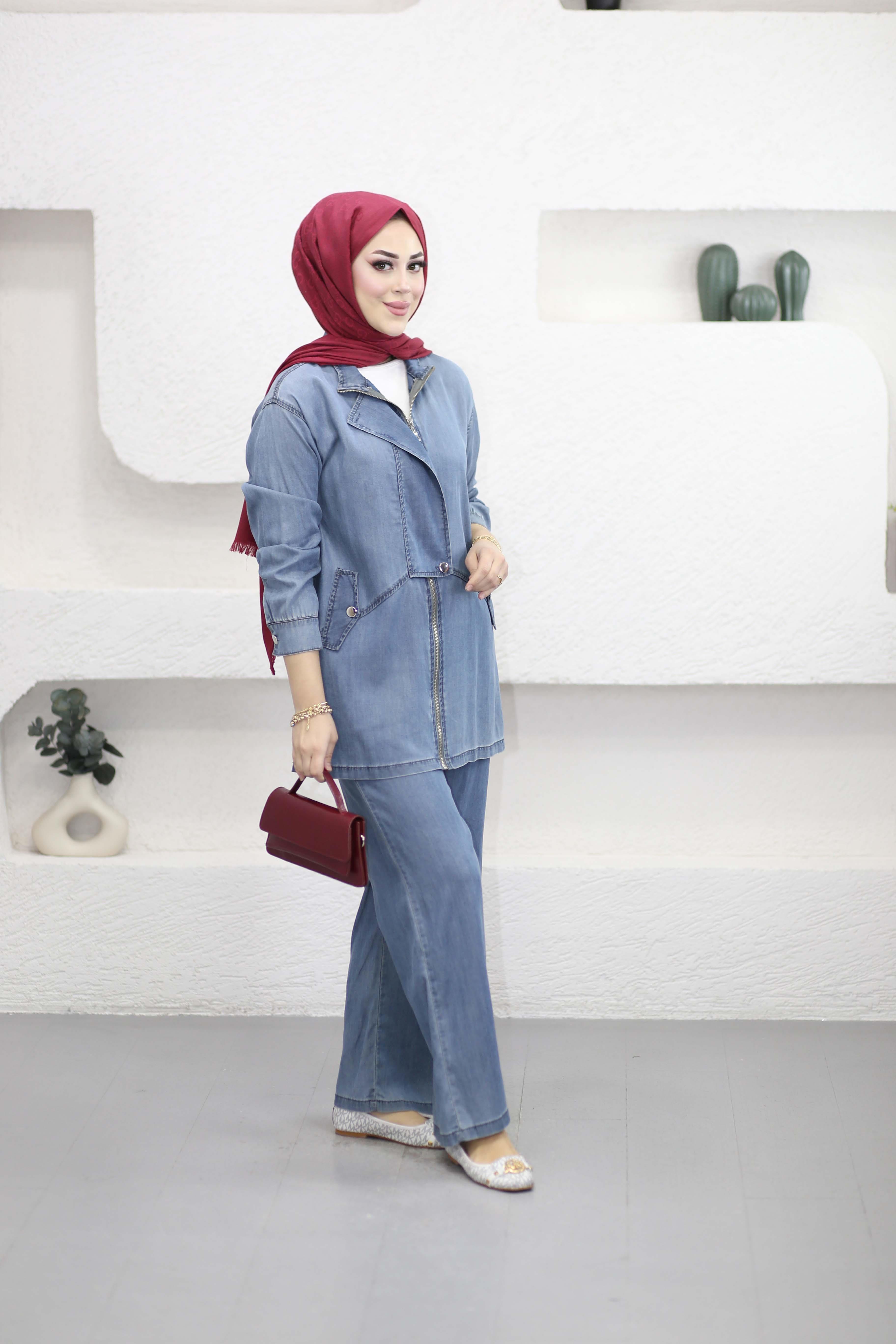 Fermuar Kapamalı Denim Takım Açık Mavi 7490