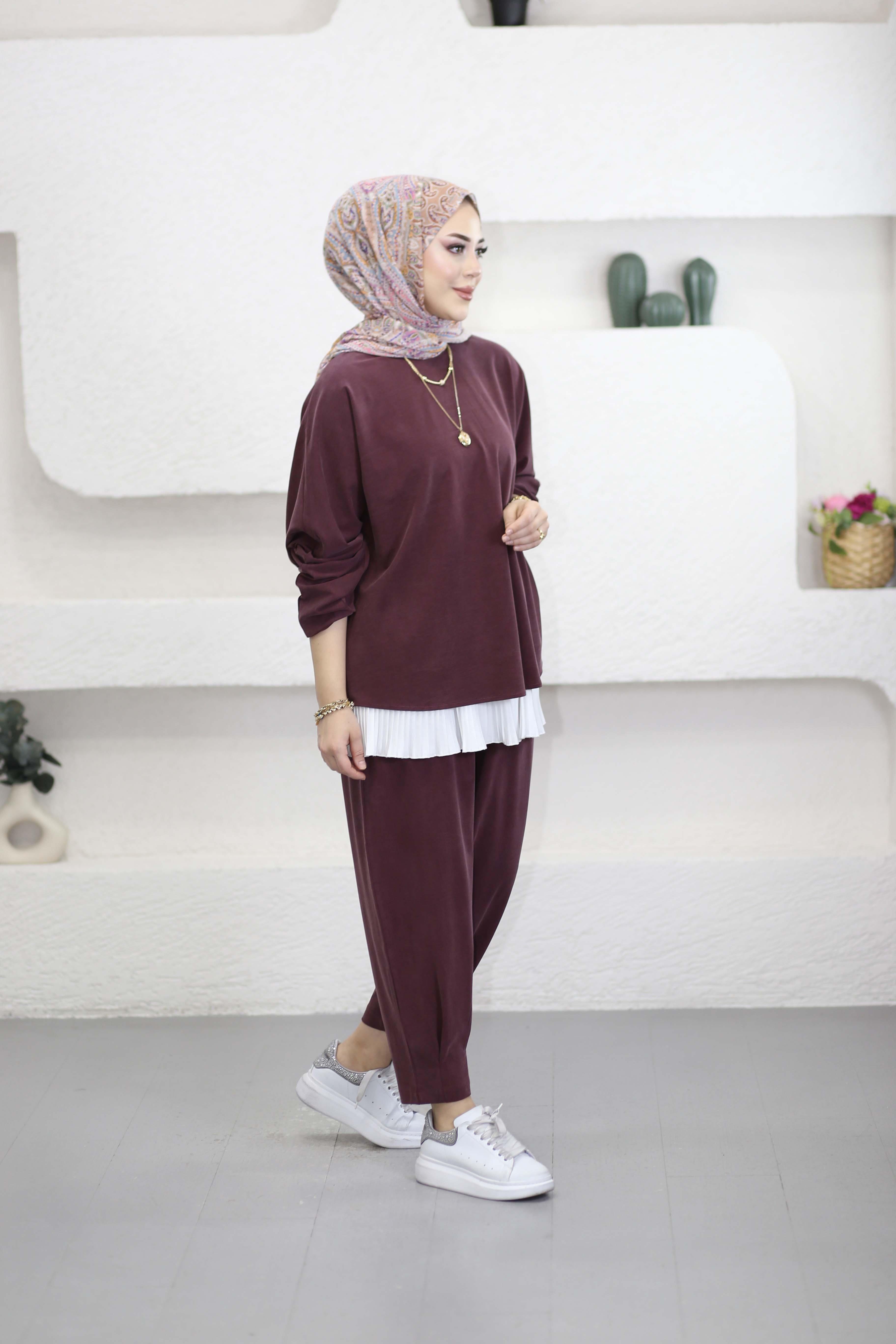 Arkası V Pile Şalvar Takım Bordo 6356