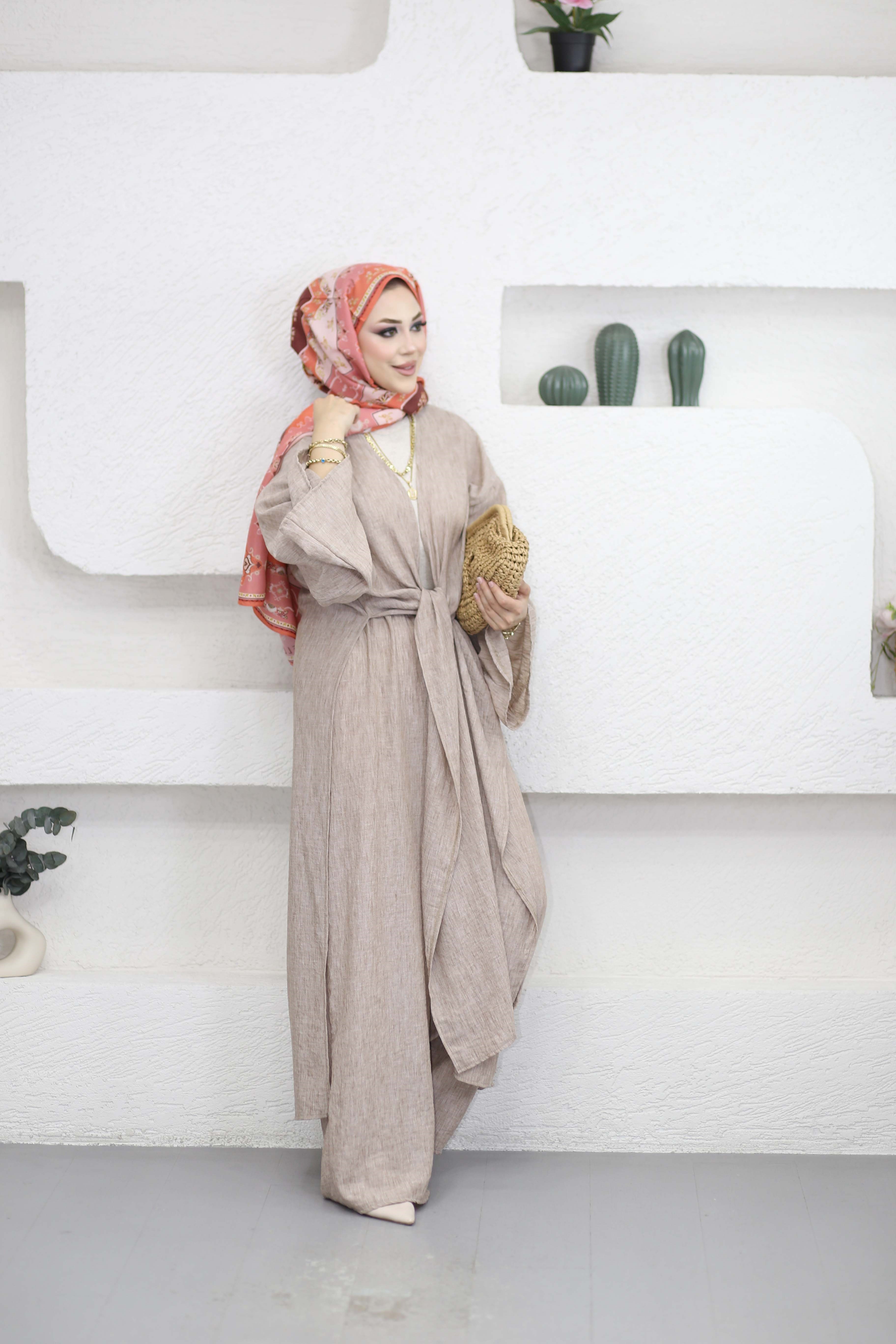 Pantolonlu Abaya Takım Sütlü Kahve 5813
