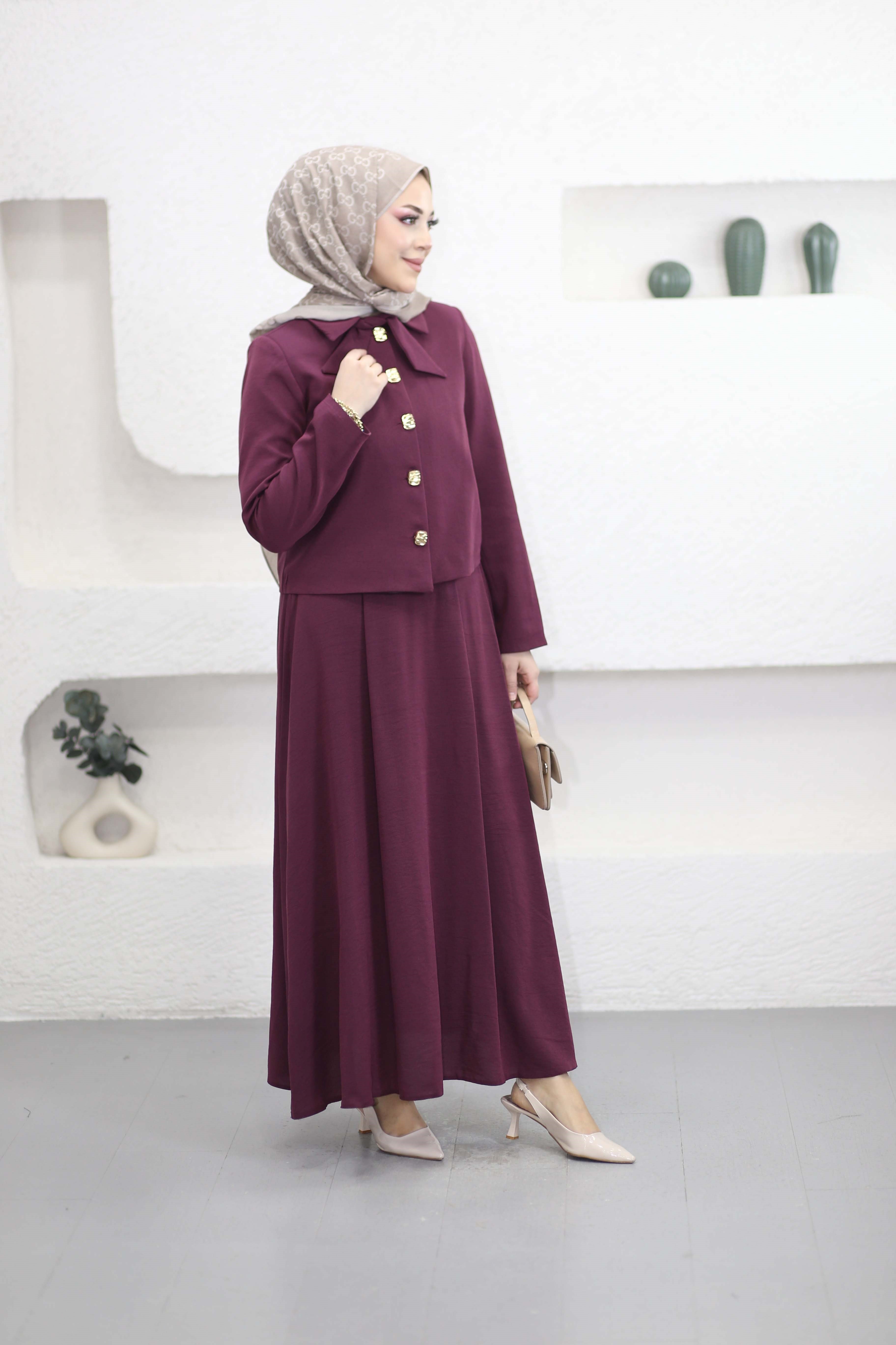 Fiyonklu Çift Yaka Takım Bordo 41599
