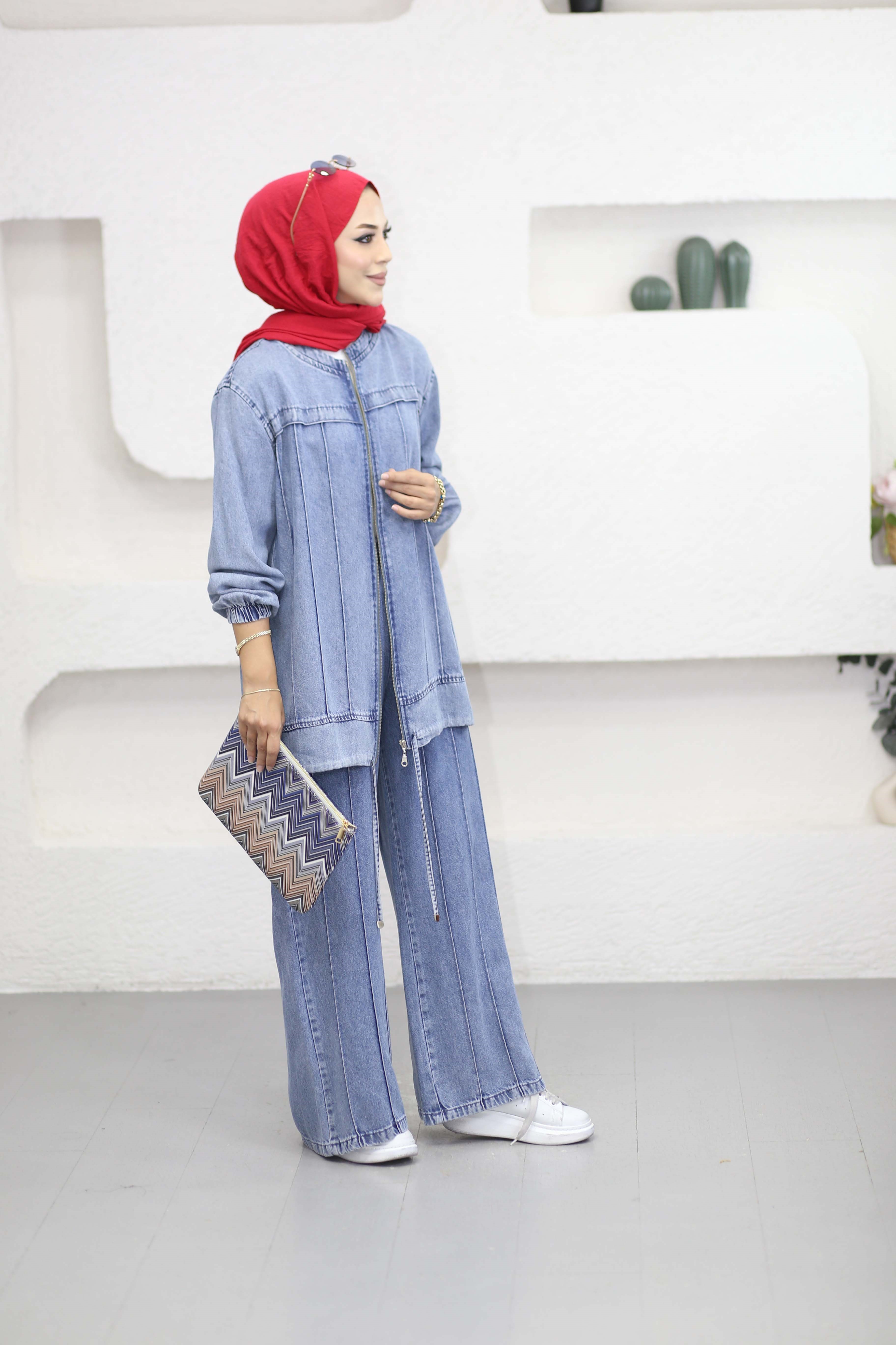 Dikişli Denim Takım Açık Mavi 7579