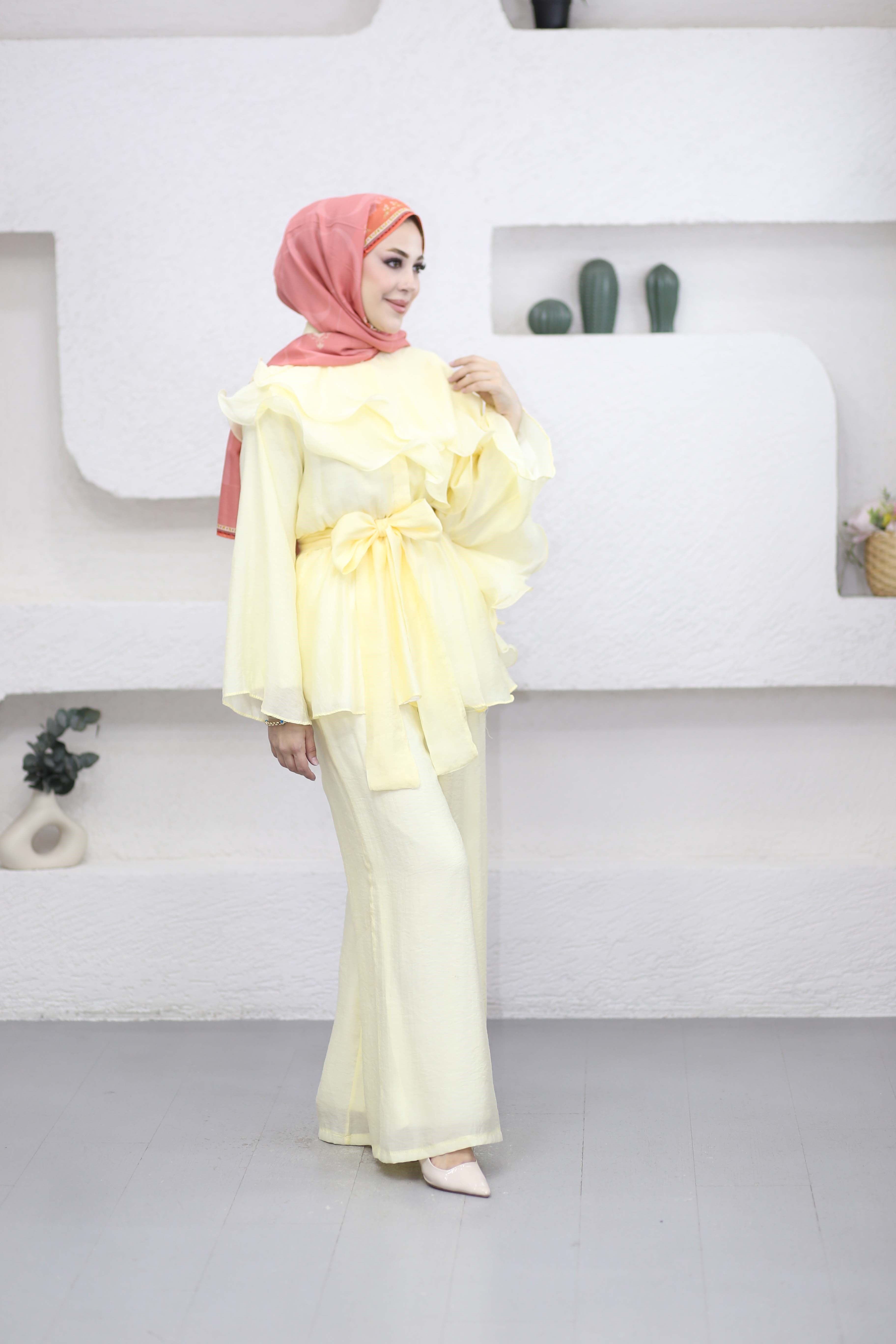Volanlı İbiza Pantolon Takım Sarı 8615
