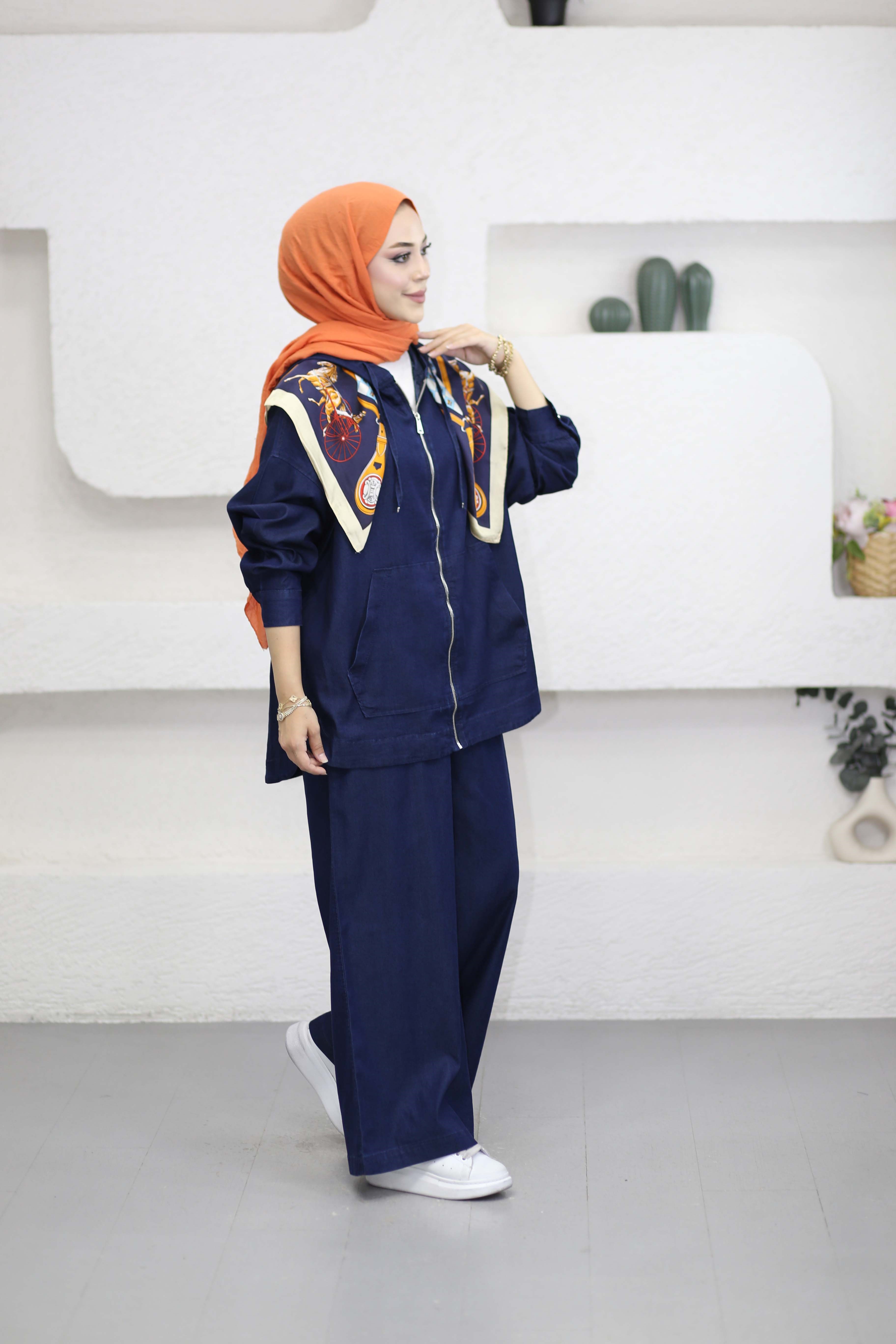 Kanguru Cep Fermuarlı Tencel Takım Koyu Mavi 5398