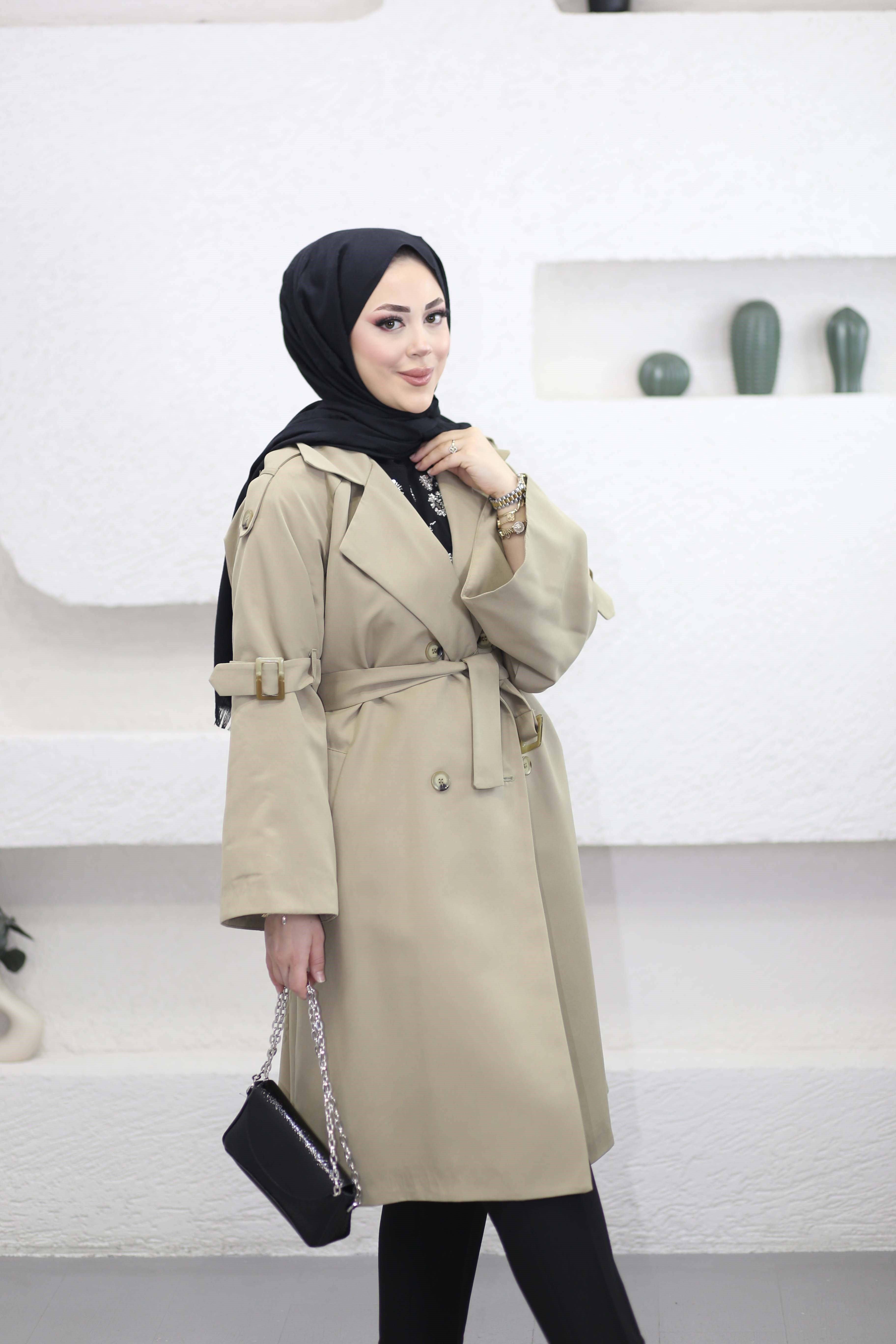 Kolu Kuşaklı Trençkot Yağ Yeşili 4088