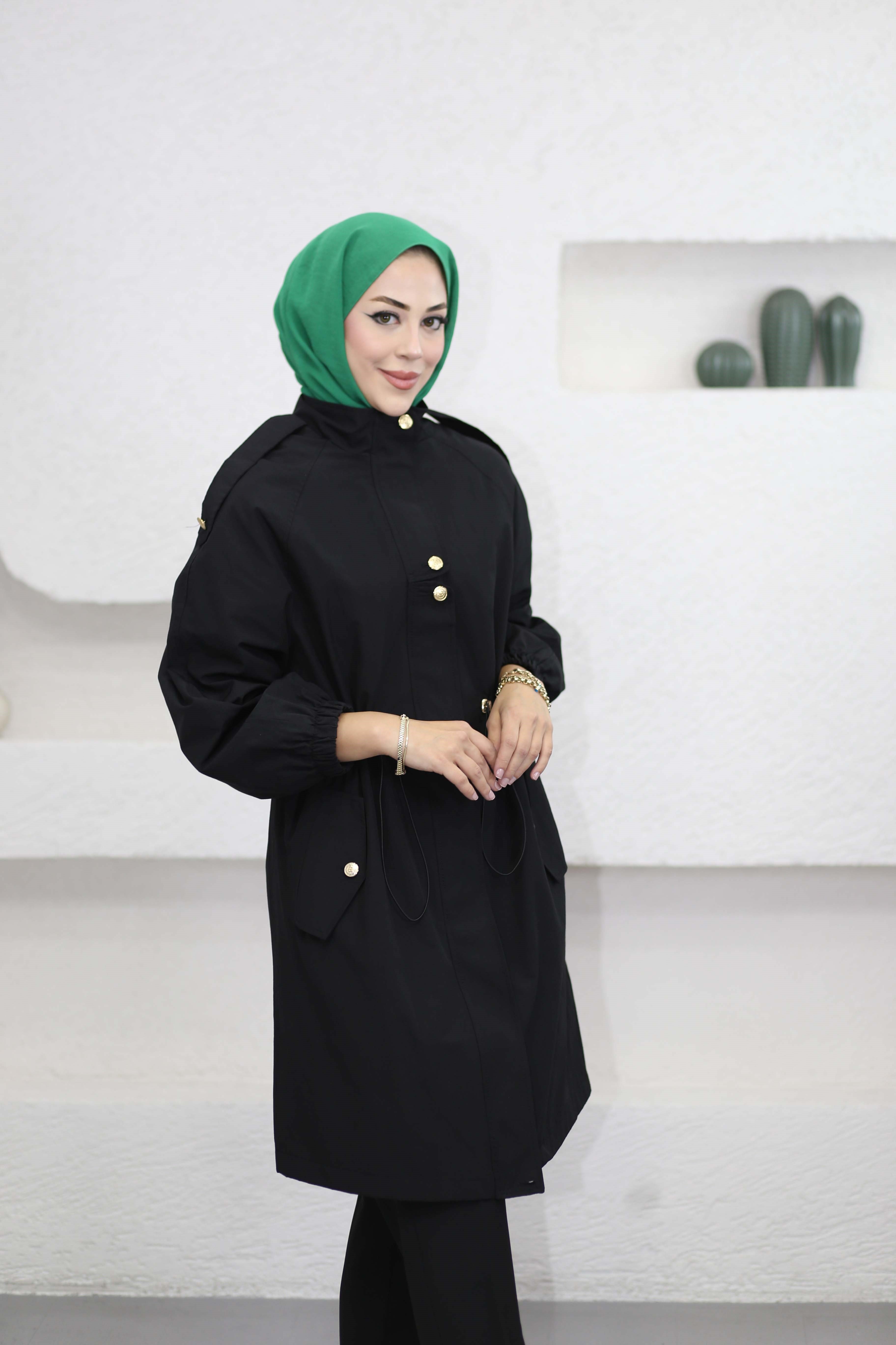 Beli Büzgülü Trençkot Siyah 8741