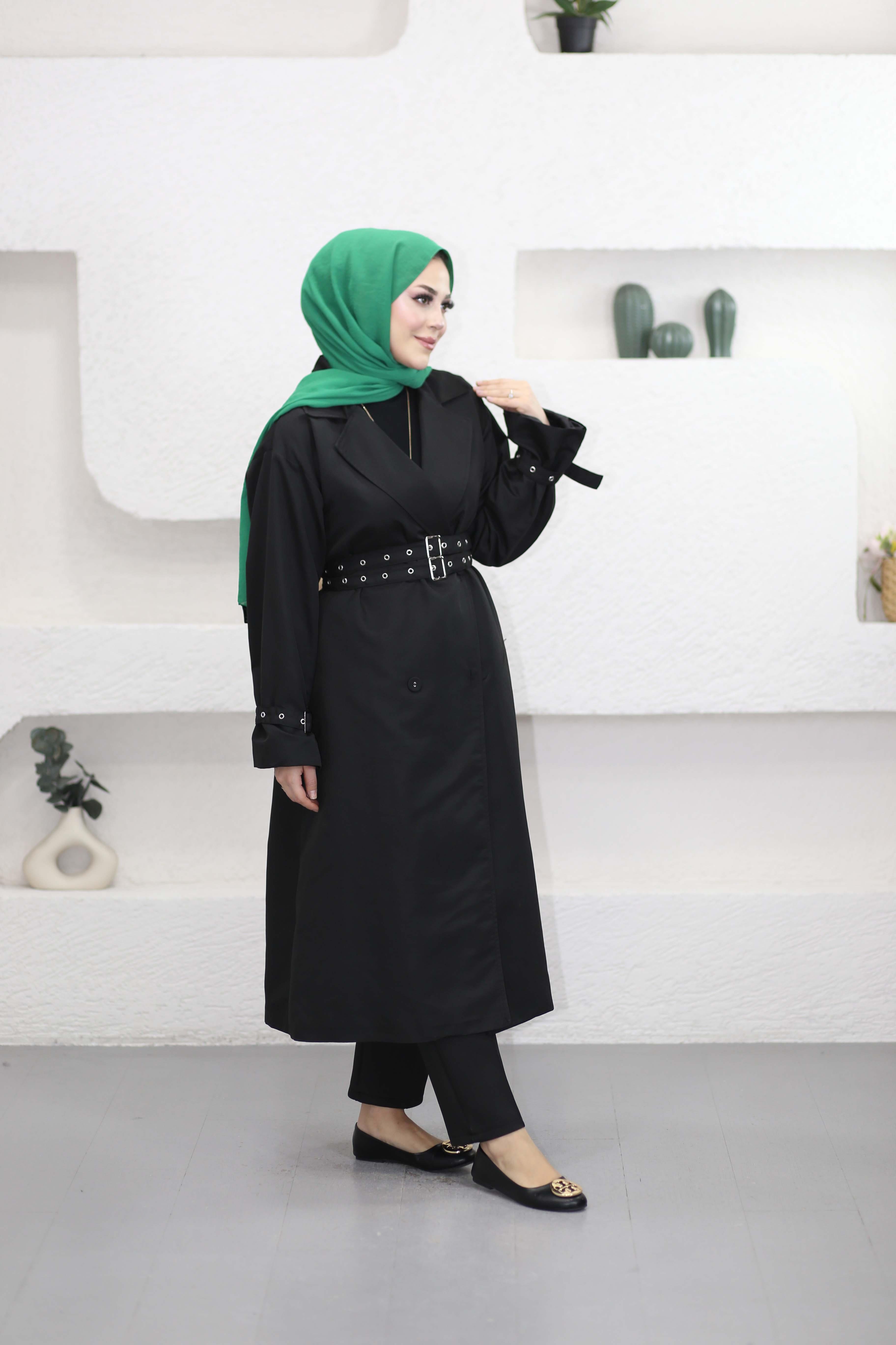 Kemer Detaylı Kruvaze Trençkot Siyah 8147