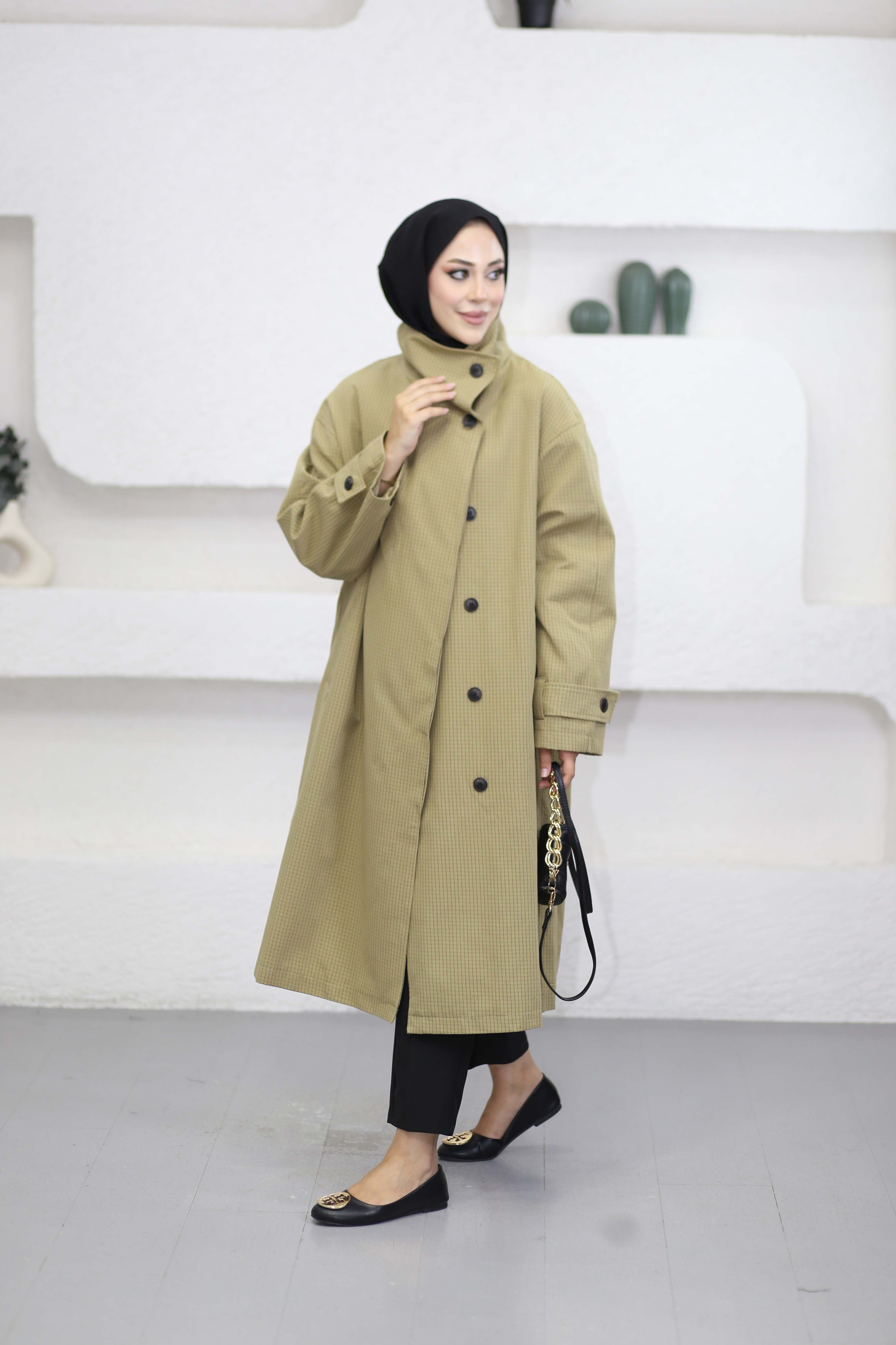 Kruvaze Oversize Trençkot Haki 7770