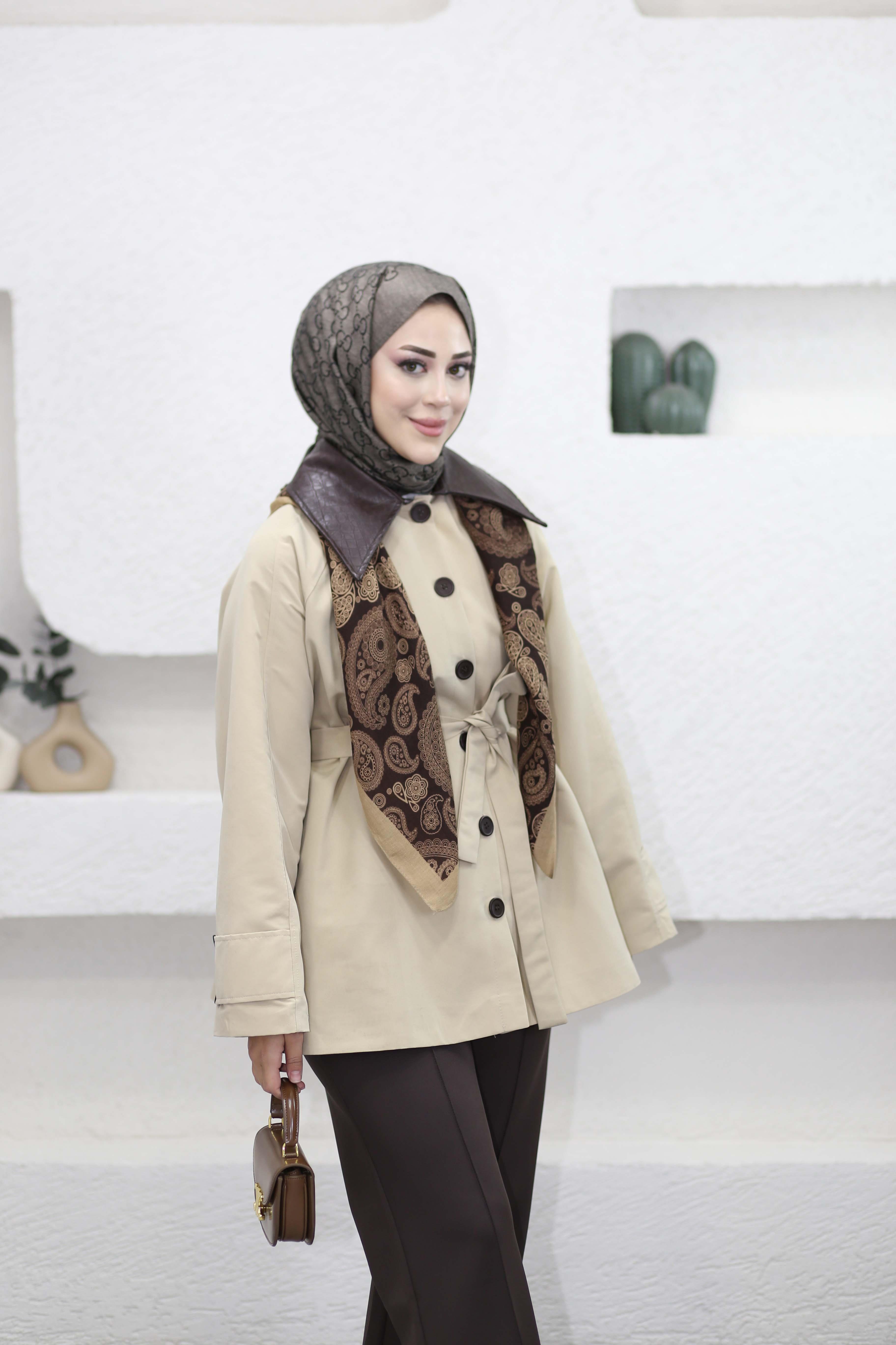 Deri Yakalı Trenç Bej 9342