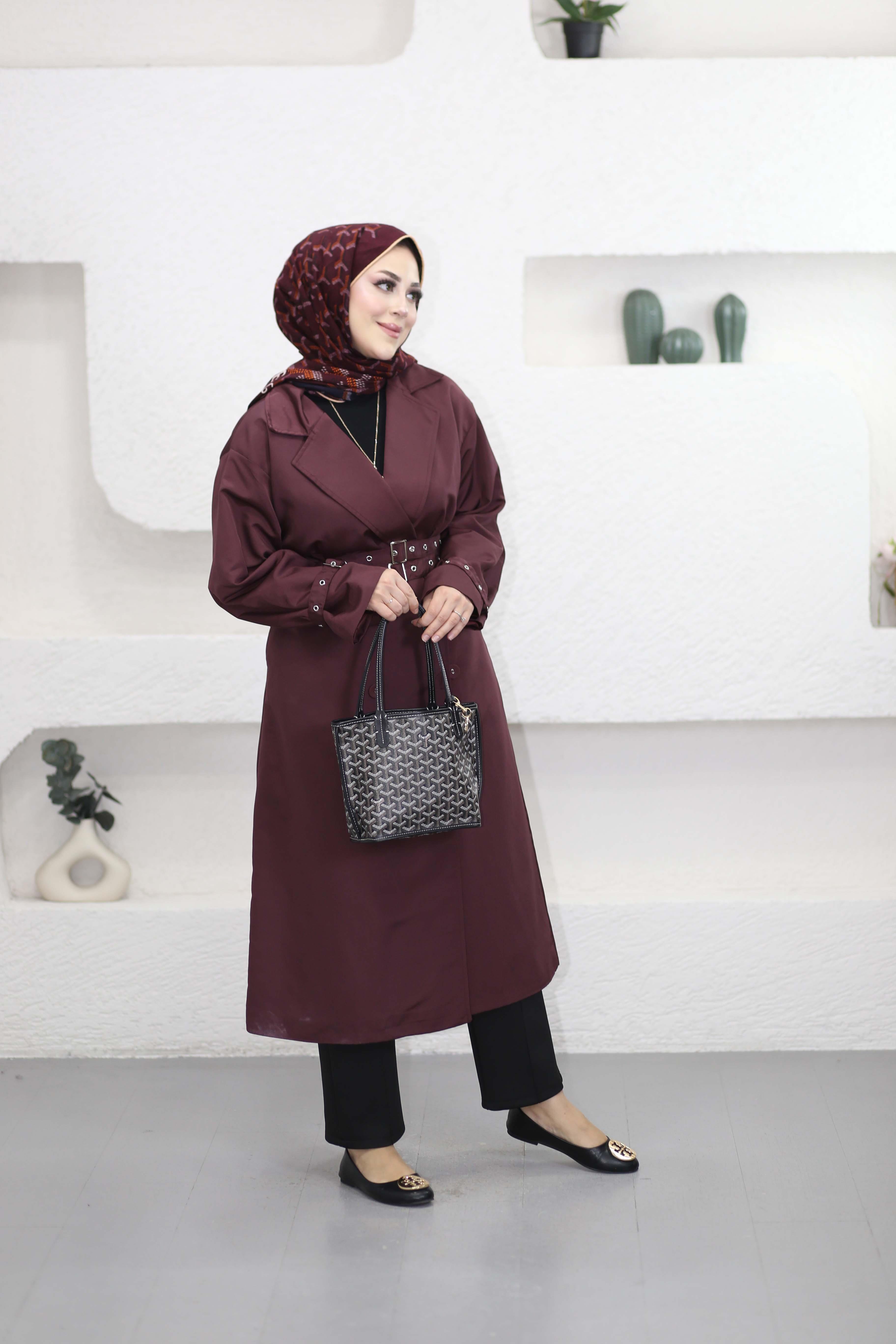 Kemer Detaylı Kruvaze Trençkot Bordo 8147