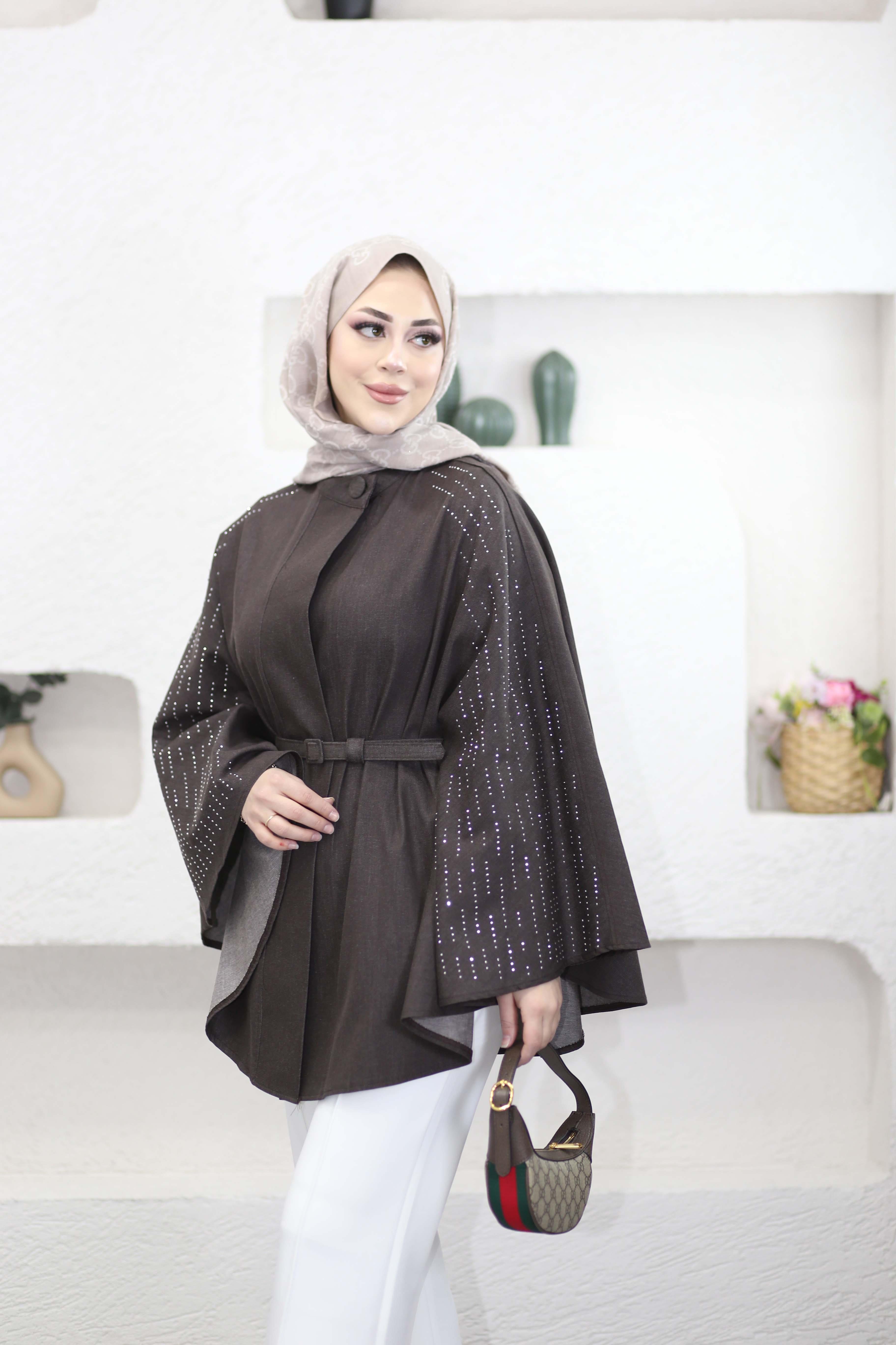 Taşlı kot panço Kahverengi 8146