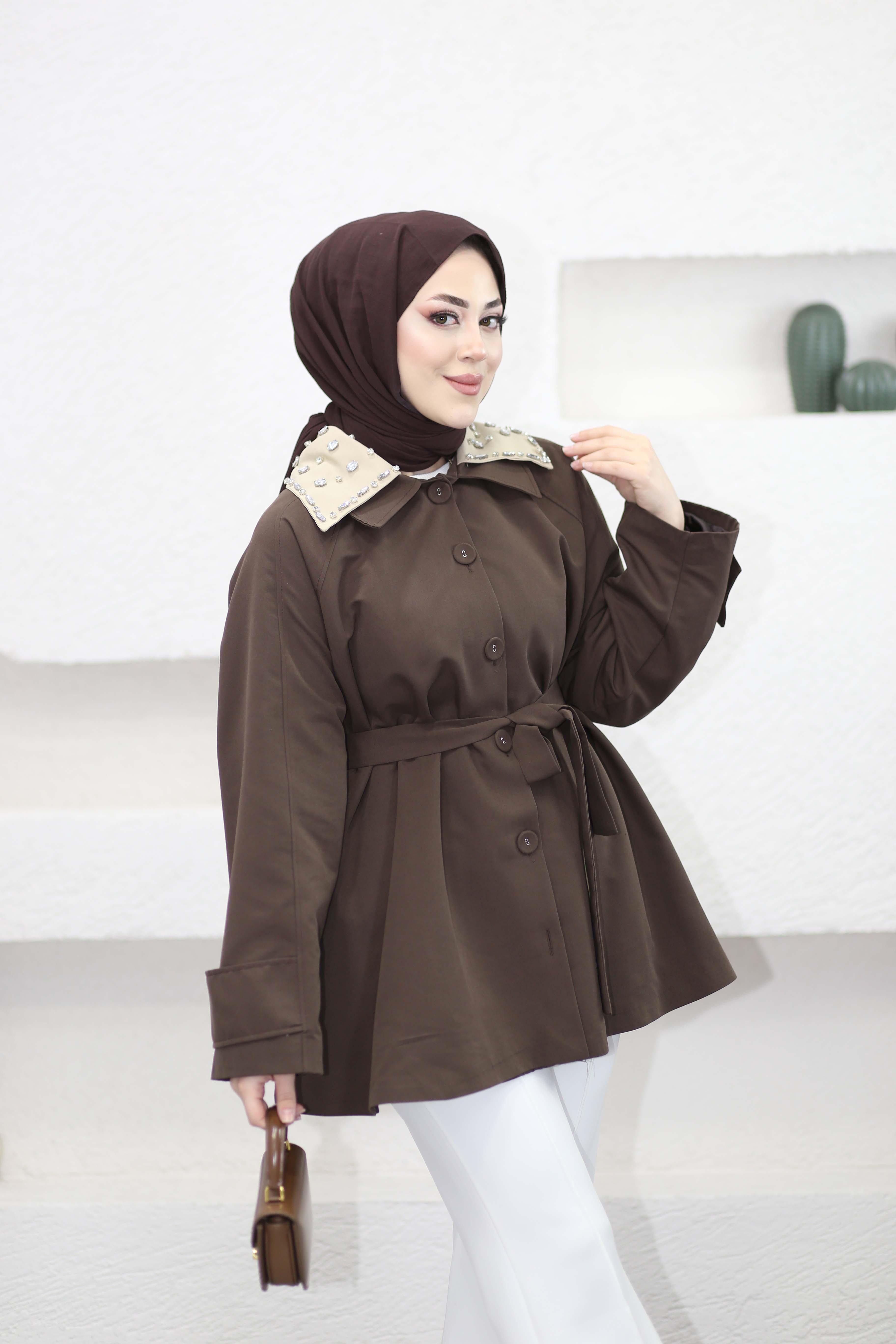 Yakası Taşlı Trençkot Kahverengi 3206