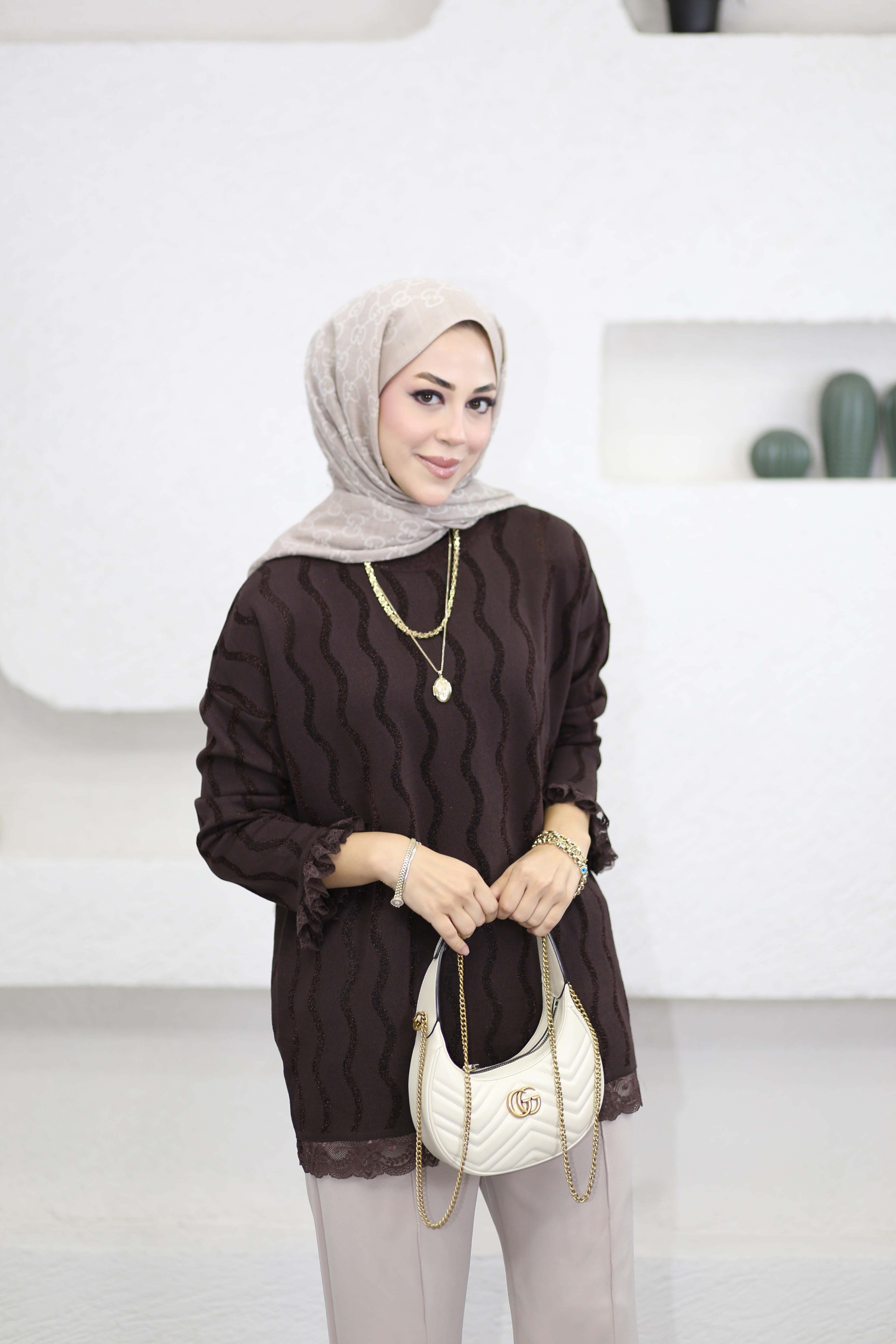 Dantell Dalga Desen Tunik Kahverengi 44282