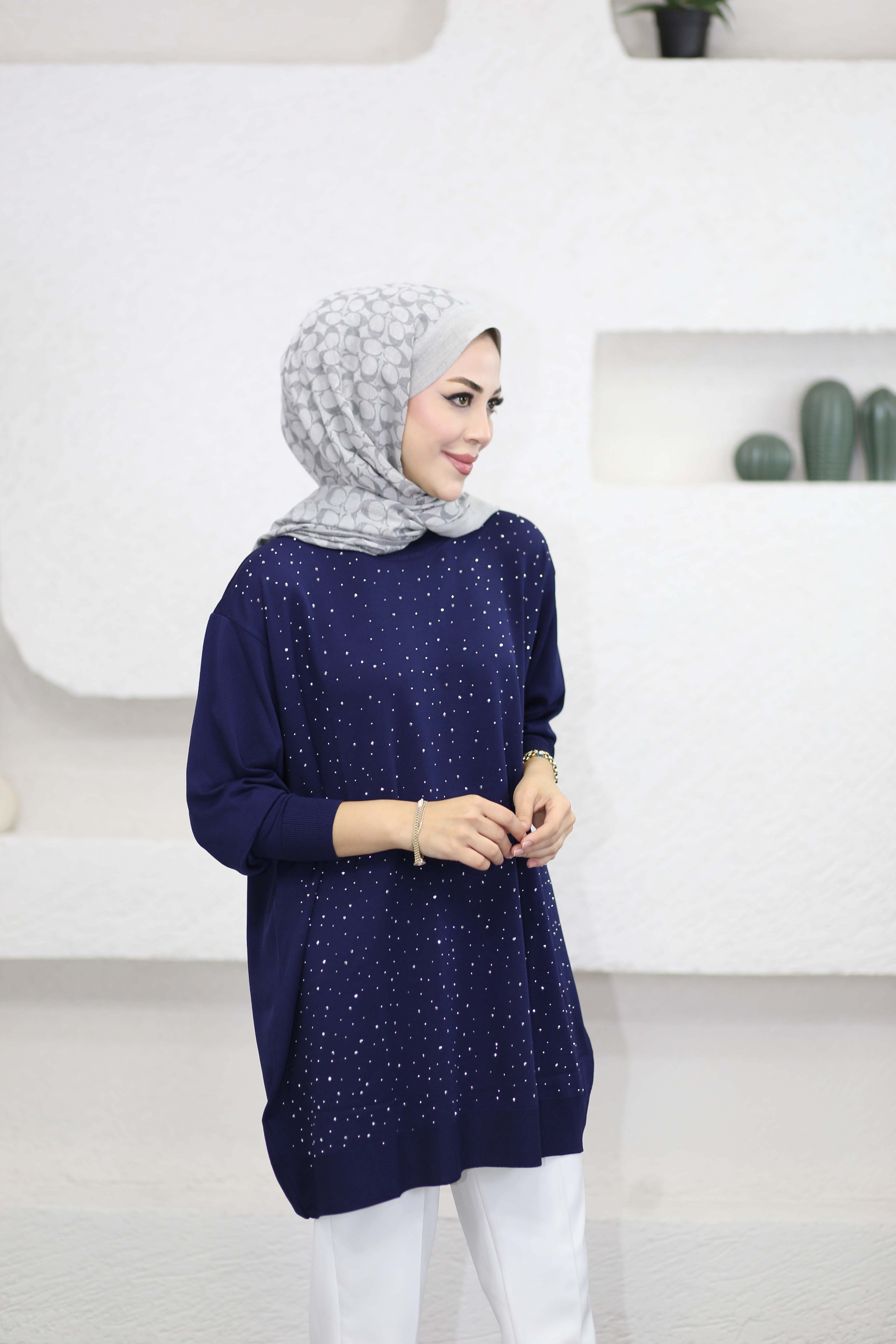 Taşlı Merserize Tunik Lacivert 2570