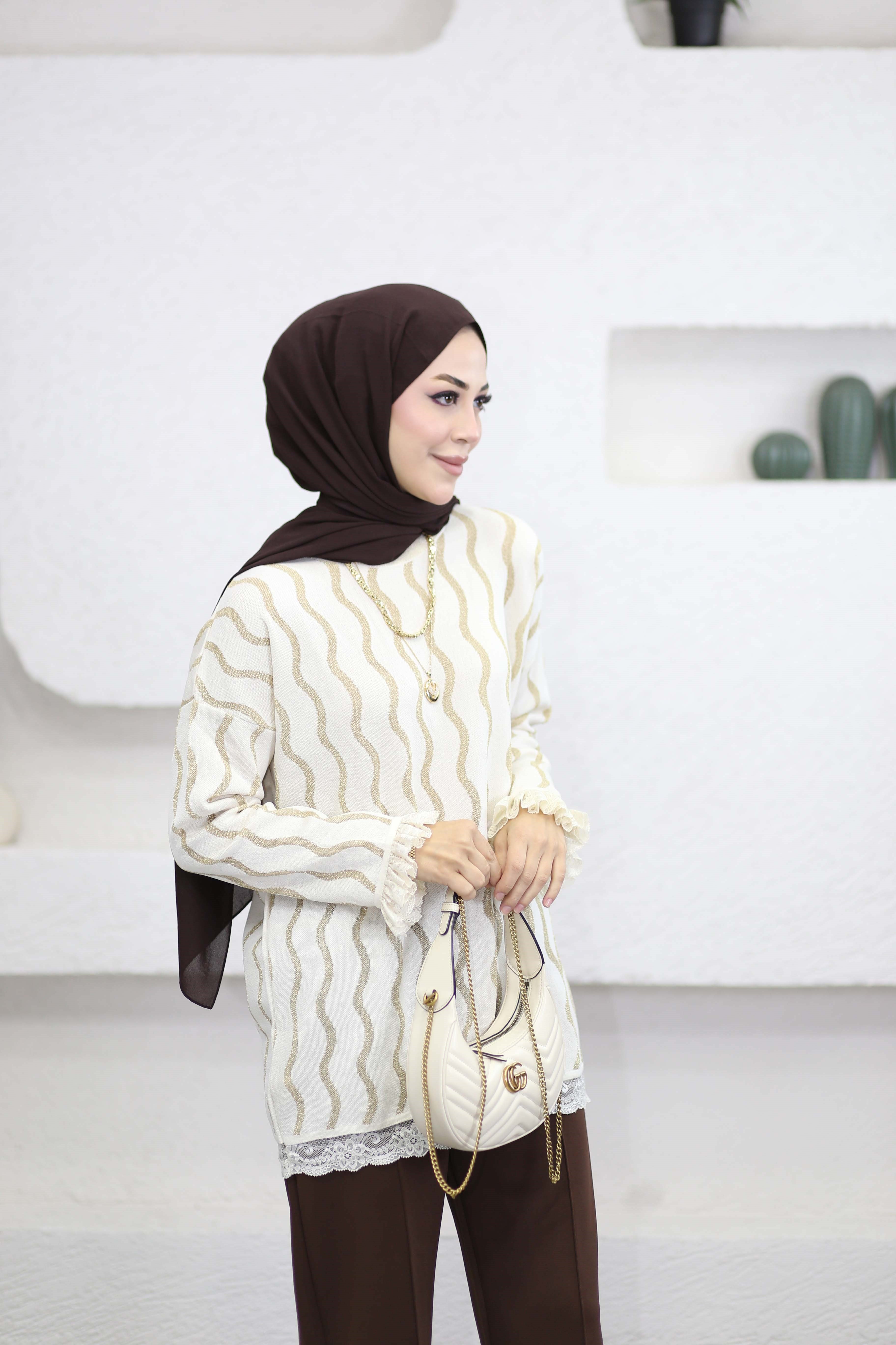 Dantell Dalga Desen Tunik Bej 44282