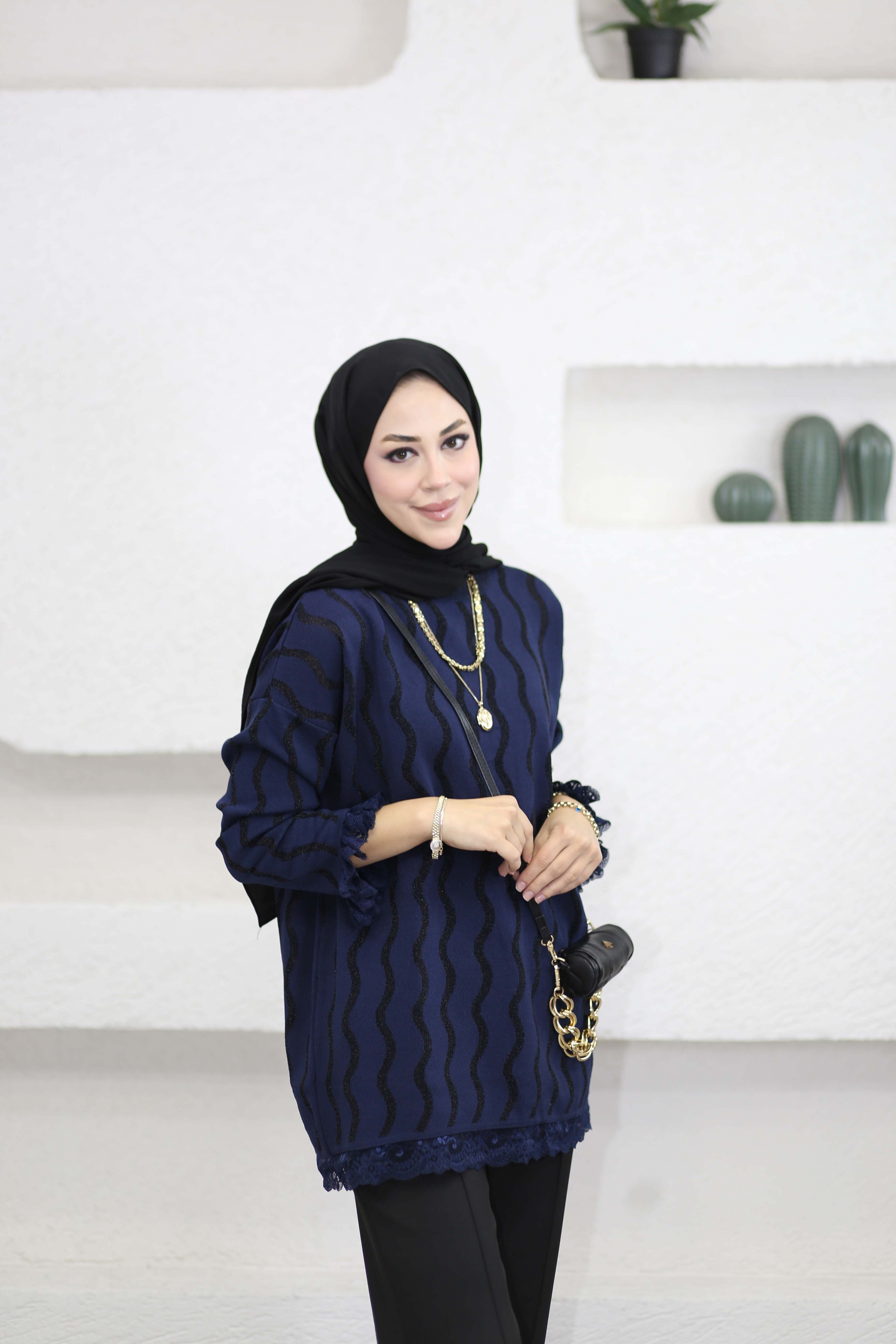 Dantell Dalga Desen Tunik Lacivert 44282