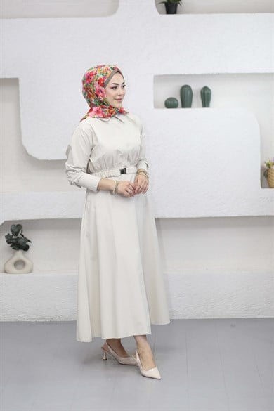 Lastik Kemerli Elbise Bej 5516