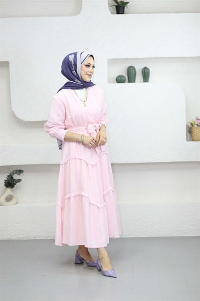 Püskül Detaylı Elbise Pembe 4496