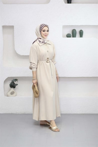 Yakalı Kemerli Elbise Bej 5525