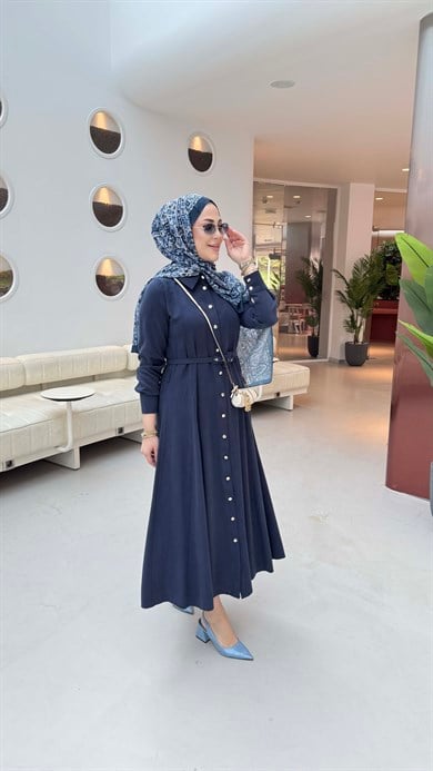 Düğmeli Tencel Gömlek Elbise Lacivert 5499