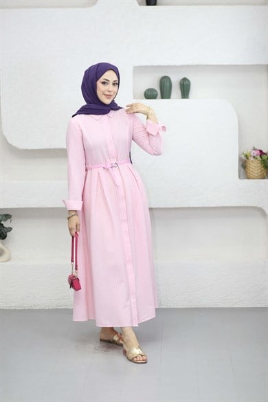 İnce Kemerli Çizgili Elbise Pembe 7595
