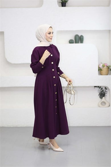 Bel Detaylı Ön Düğmeli Tencel Elbise Mor 5509